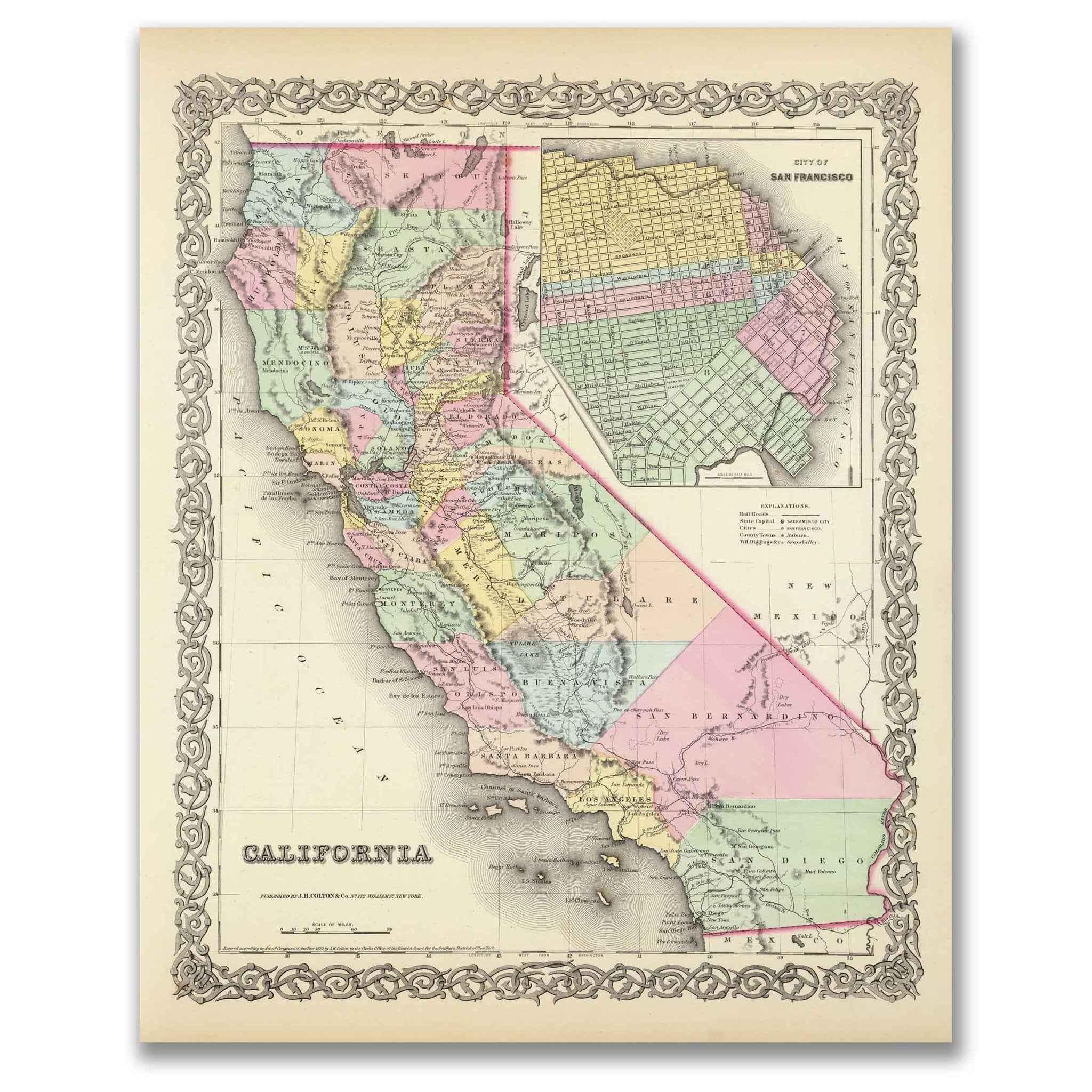 1855 California State Map – Restored Vintage Wall Art by Colton