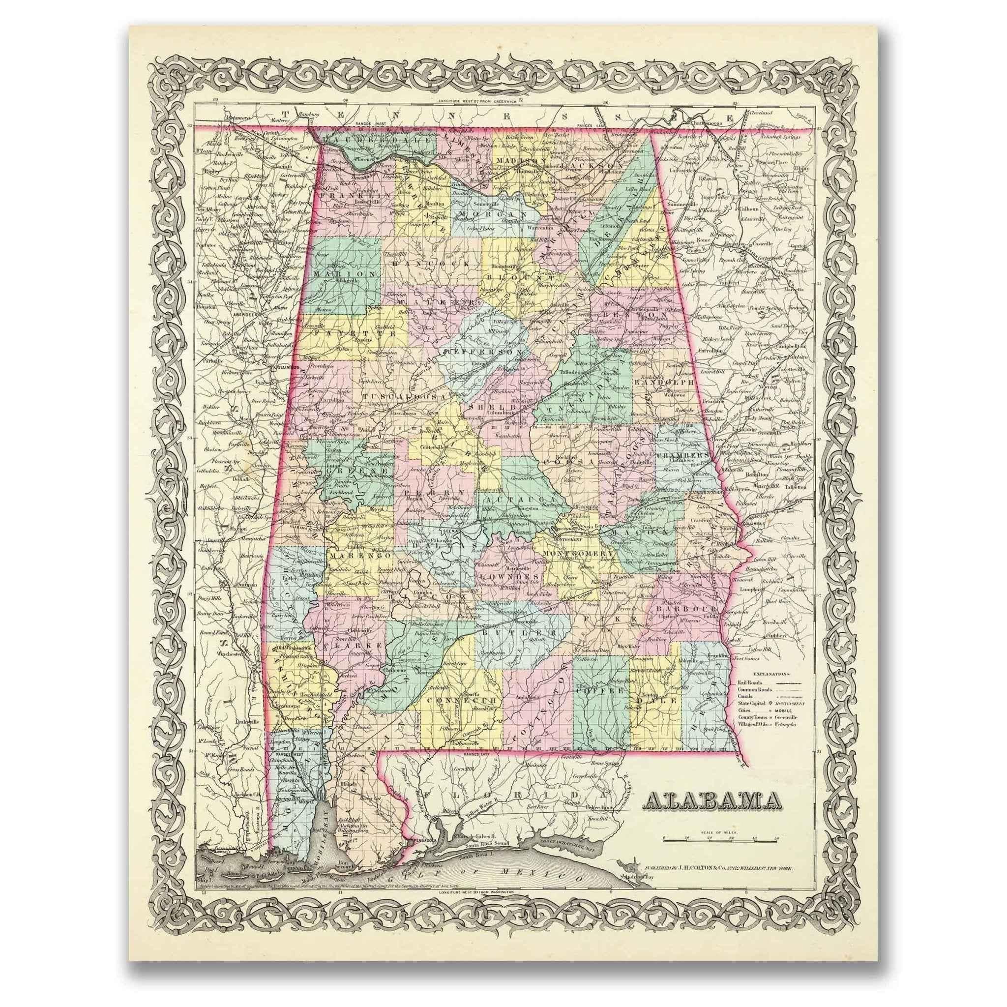 1856 Alabama Colton Map – Restored Vintage State Map Wall Art