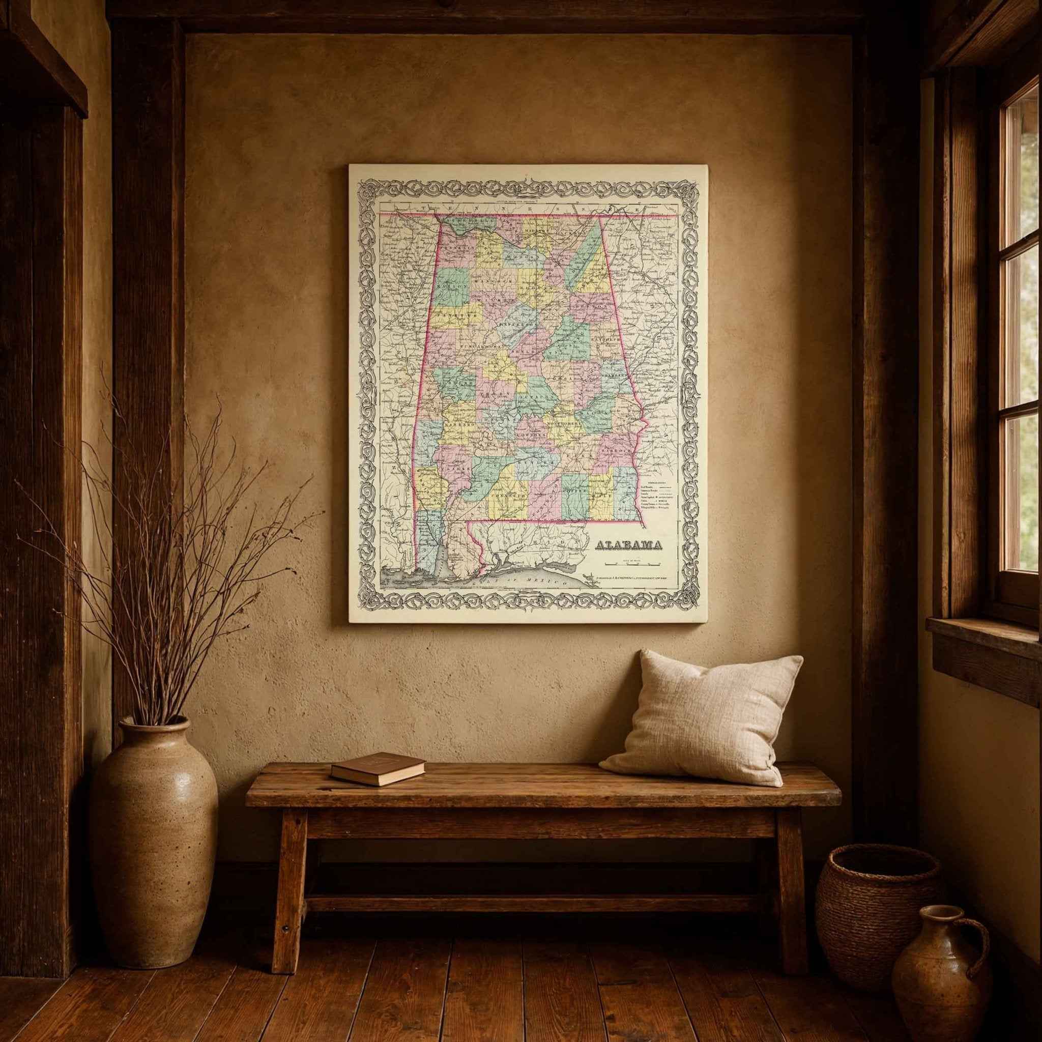 1856 Alabama Colton Map – Restored Vintage State Map Wall Art