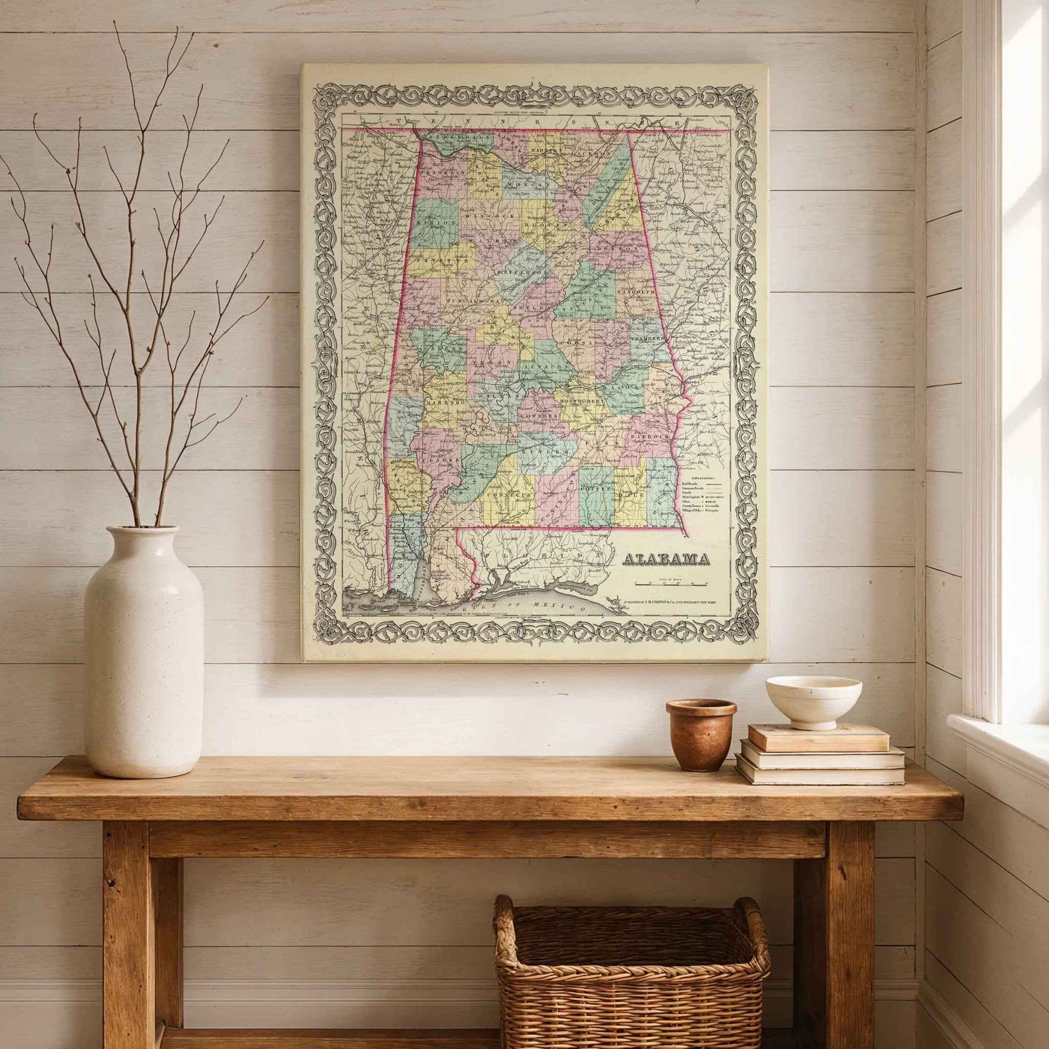 1856 Alabama Colton Map – Restored Vintage State Map Wall Art