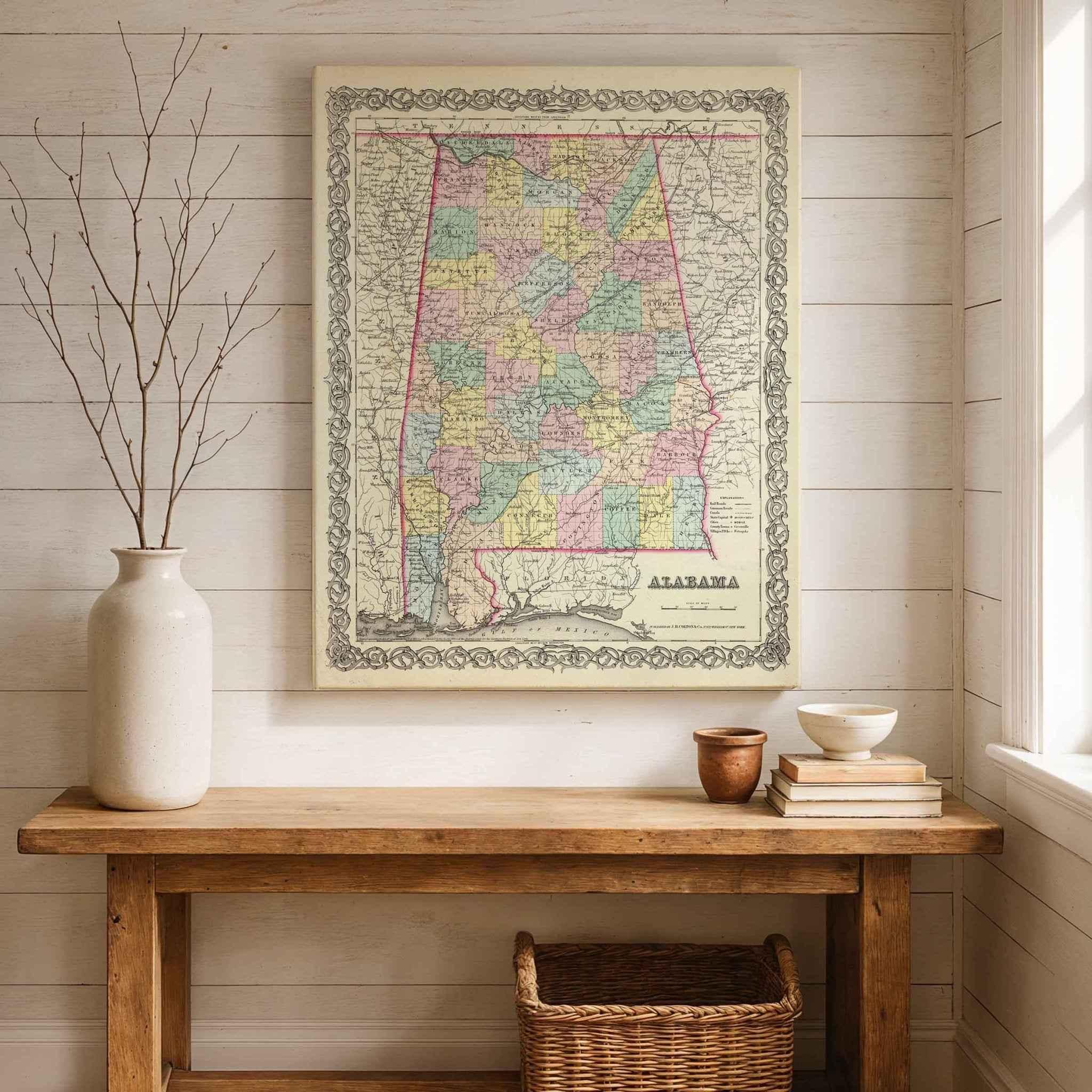 1856 Alabama Colton Map – Restored Vintage State Map Wall Art