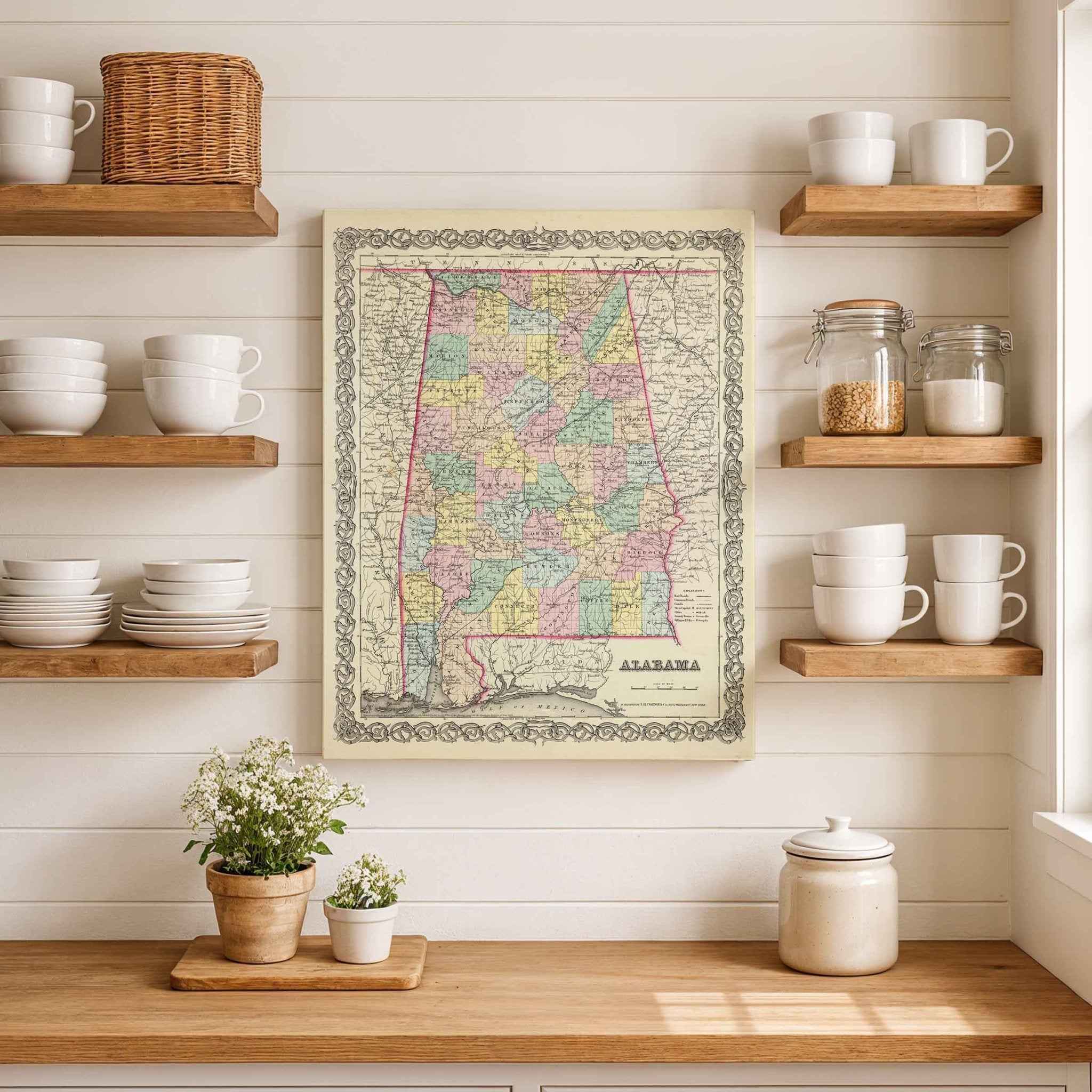 1856 Alabama Colton Map – Restored Vintage State Map Wall Art