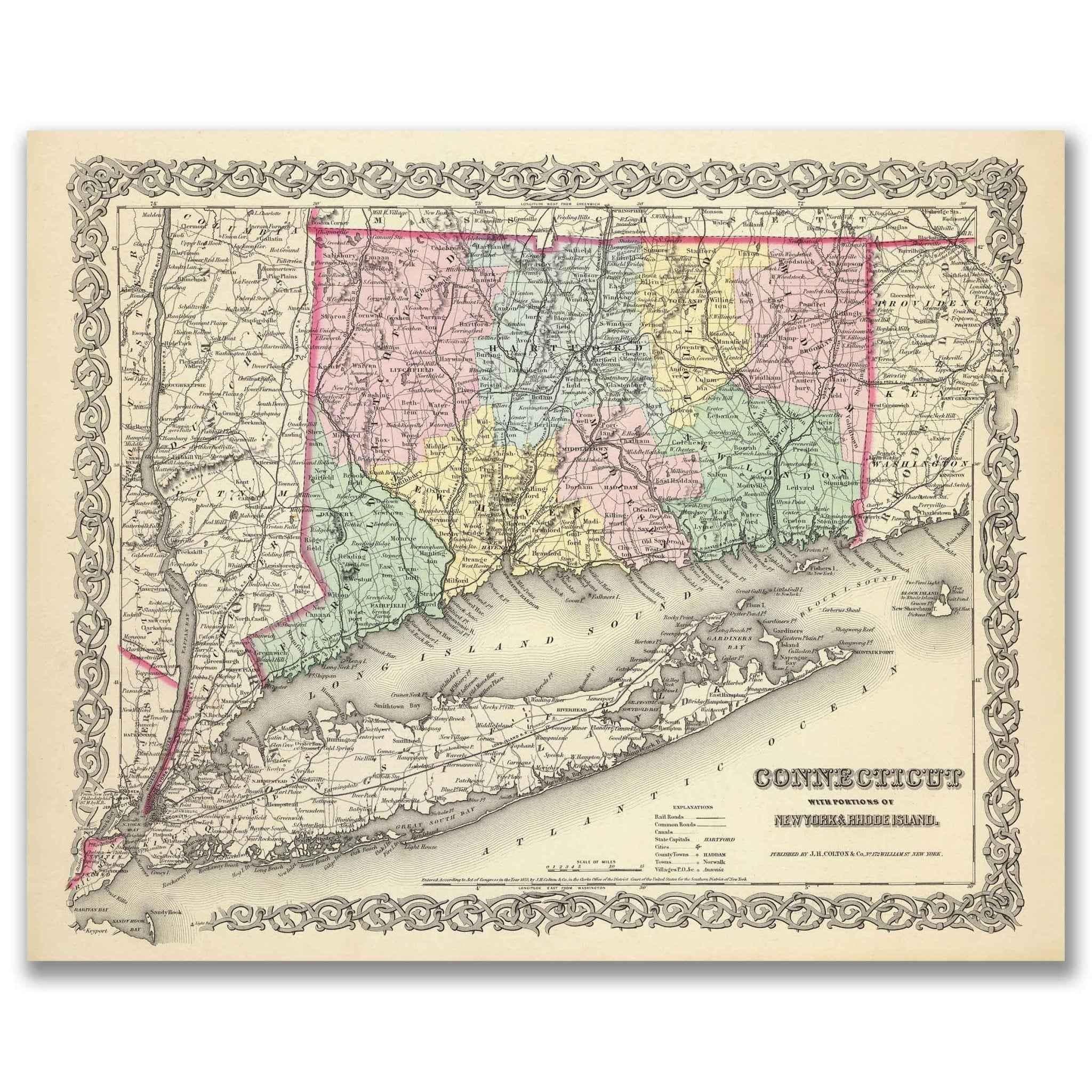 1856 Connecticut Map by Colton – Restored Vintage Wall Art