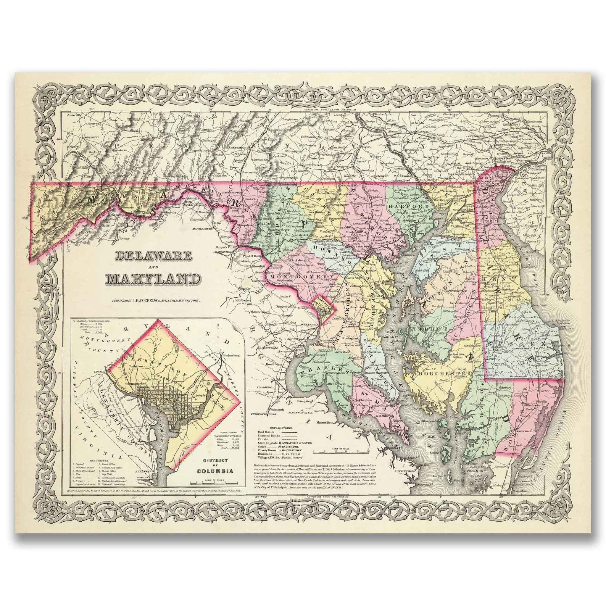 1856 Delaware and Maryland Map by Colton – Restored Vintage Wall Art