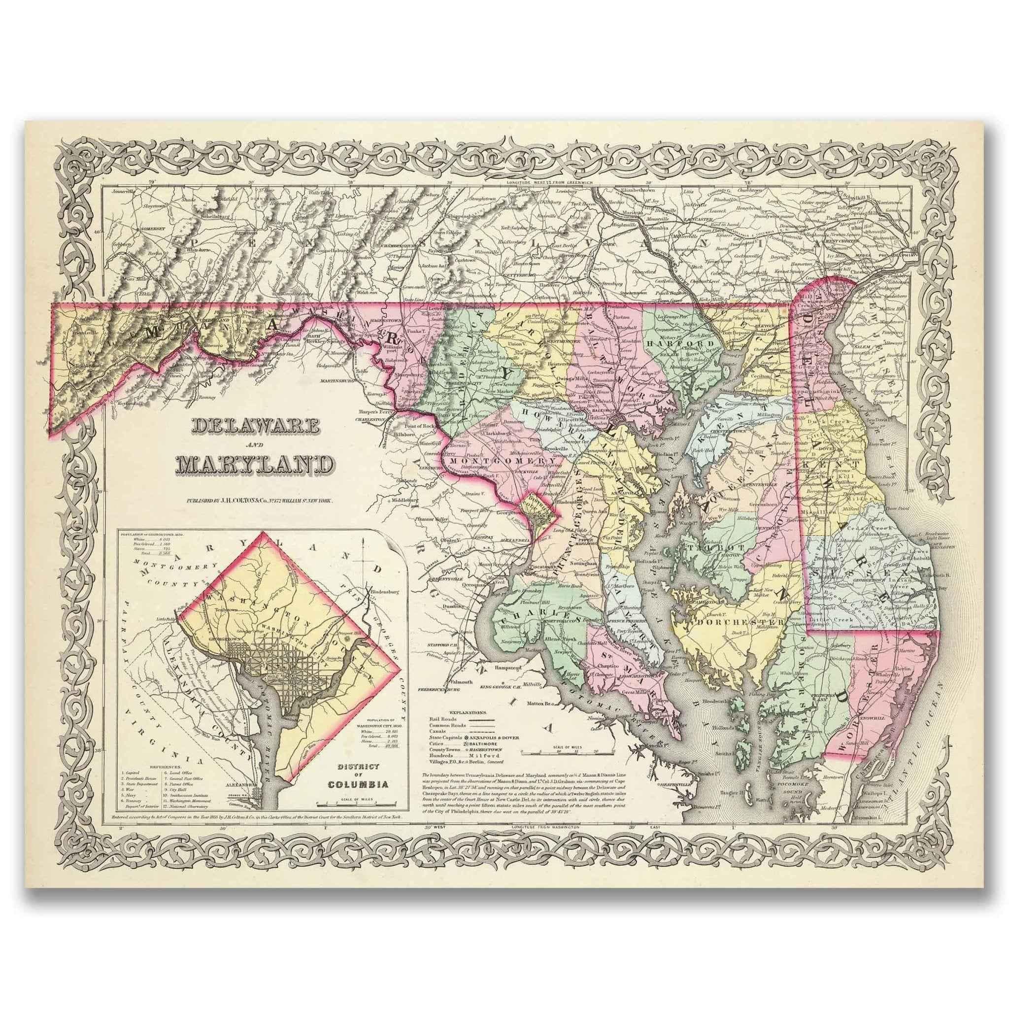 1856 Delaware and Maryland Map by Colton – Restored Vintage Wall Art