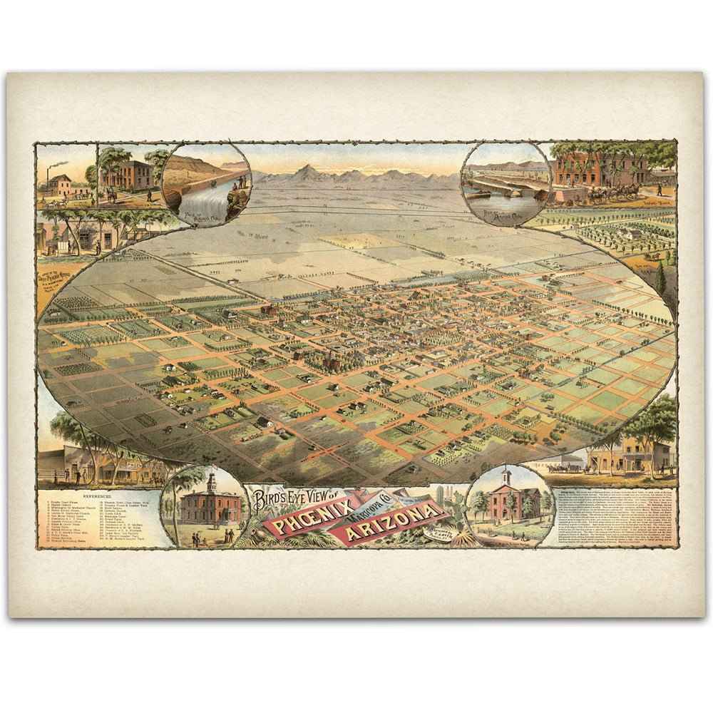 1885 Phoenix Arizona Bird’s‑Eye View Map — Restored Vintage Wall Art