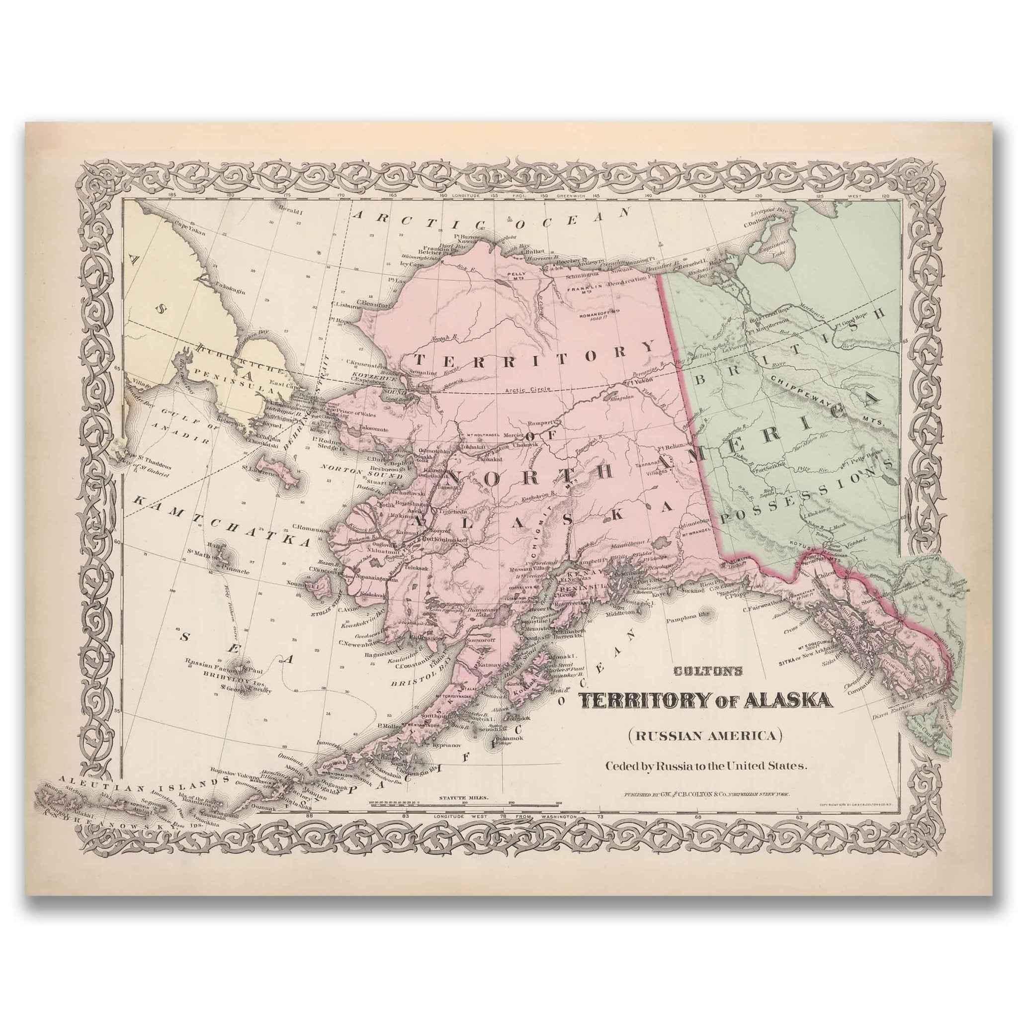 1886 Alaska Territory Map – Restored Vintage Wall Art by Colton