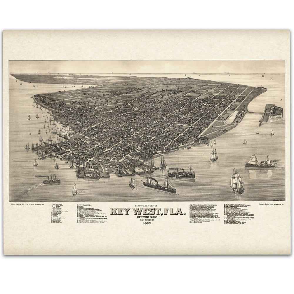 1889 Key West, Florida — Bird’s‑Eye View Vintage Map (Restored)