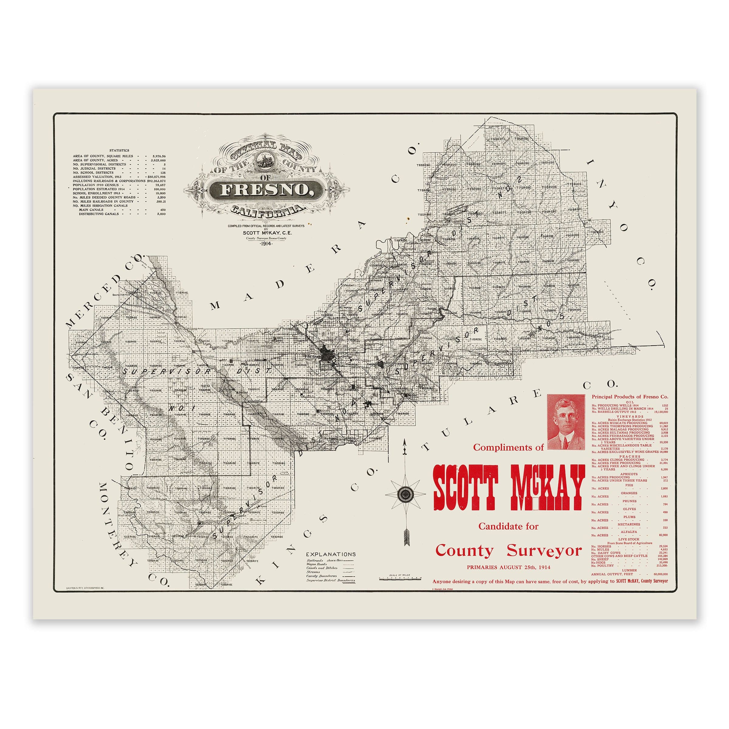 Fresno County, California Map 1914 - Agricultural Survey - Archive Prints