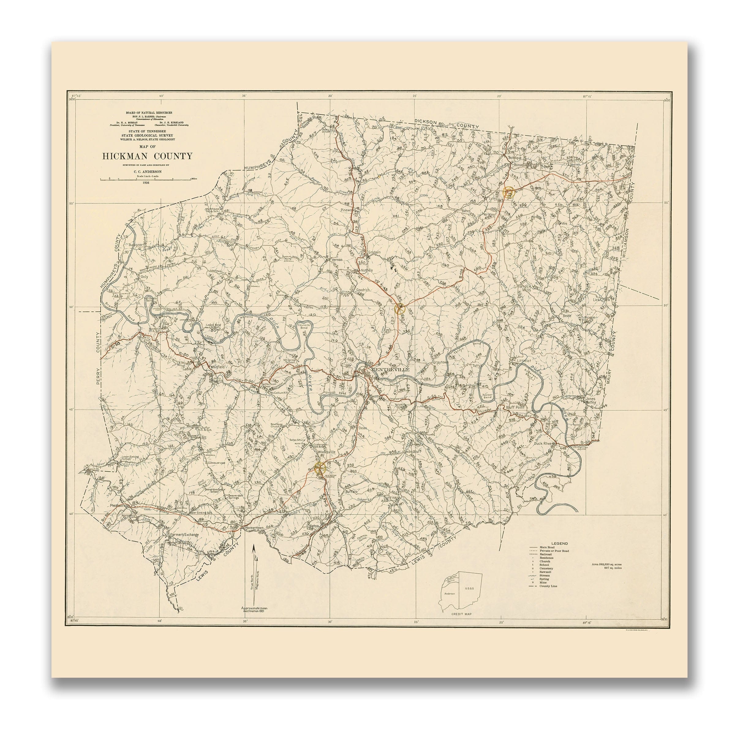 Hickman County, Tennessee Map 1926 - Archive Prints