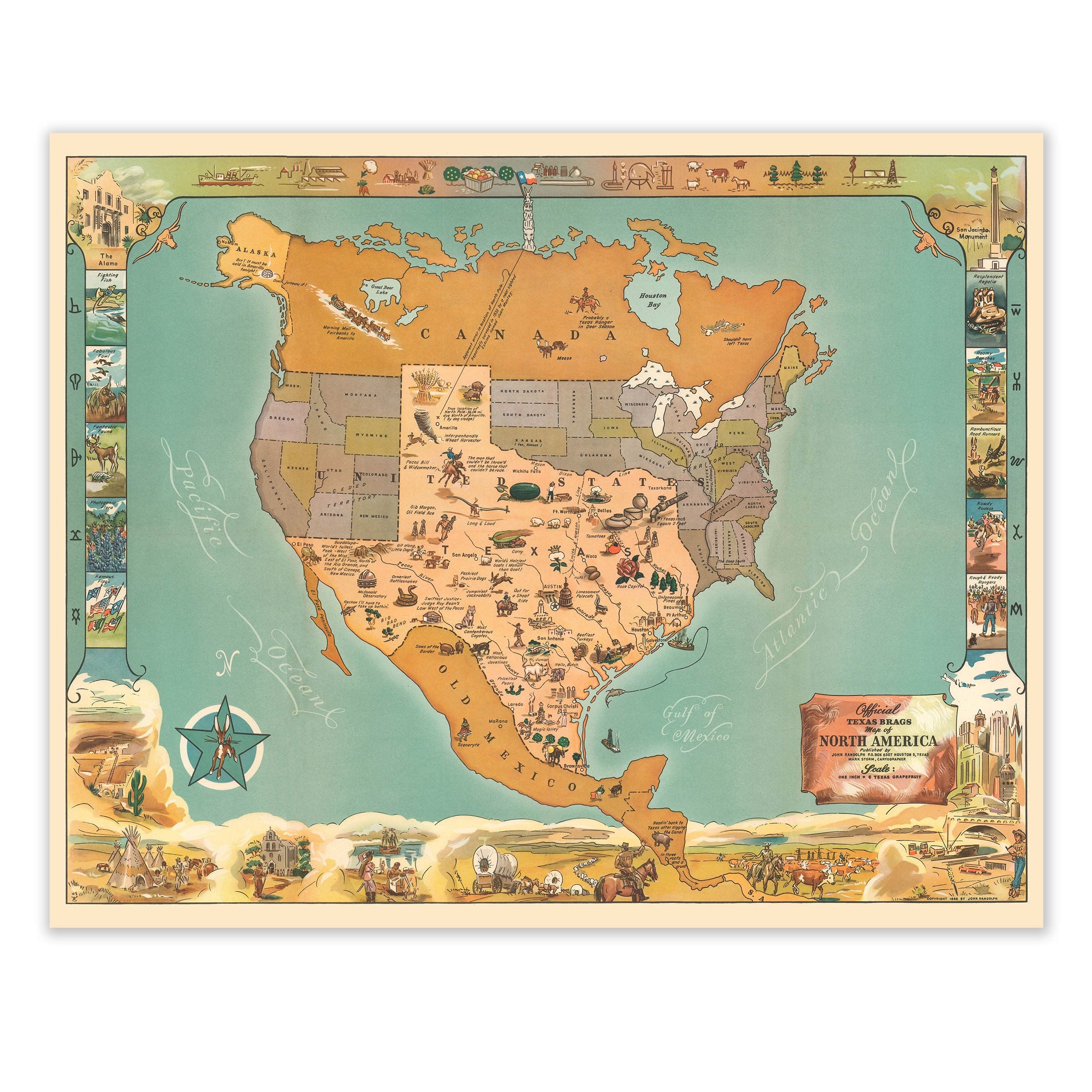 Texas Brags Pictorial Map of North America 1936 - Humorous Map - Archive Prints