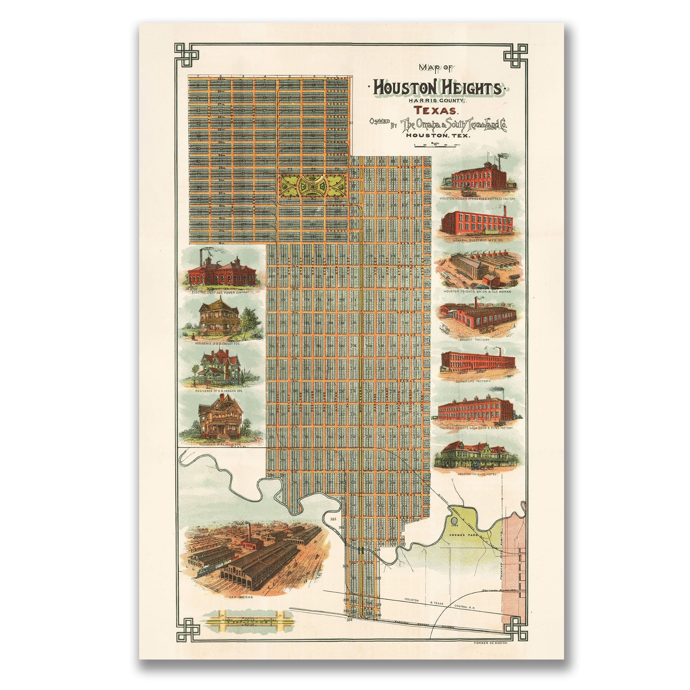 Houston Heights Map - 1896 Historic Map of Houston Heights, Texas - Archive Prints