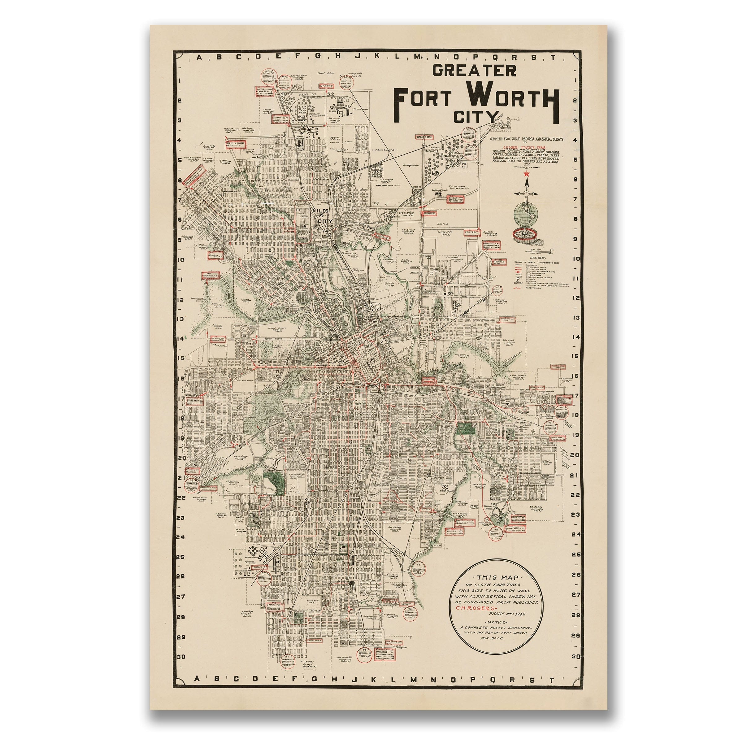 Fort Worth Texas Map - 1928 Greater Fort Worth City Historic Map - Archive Prints