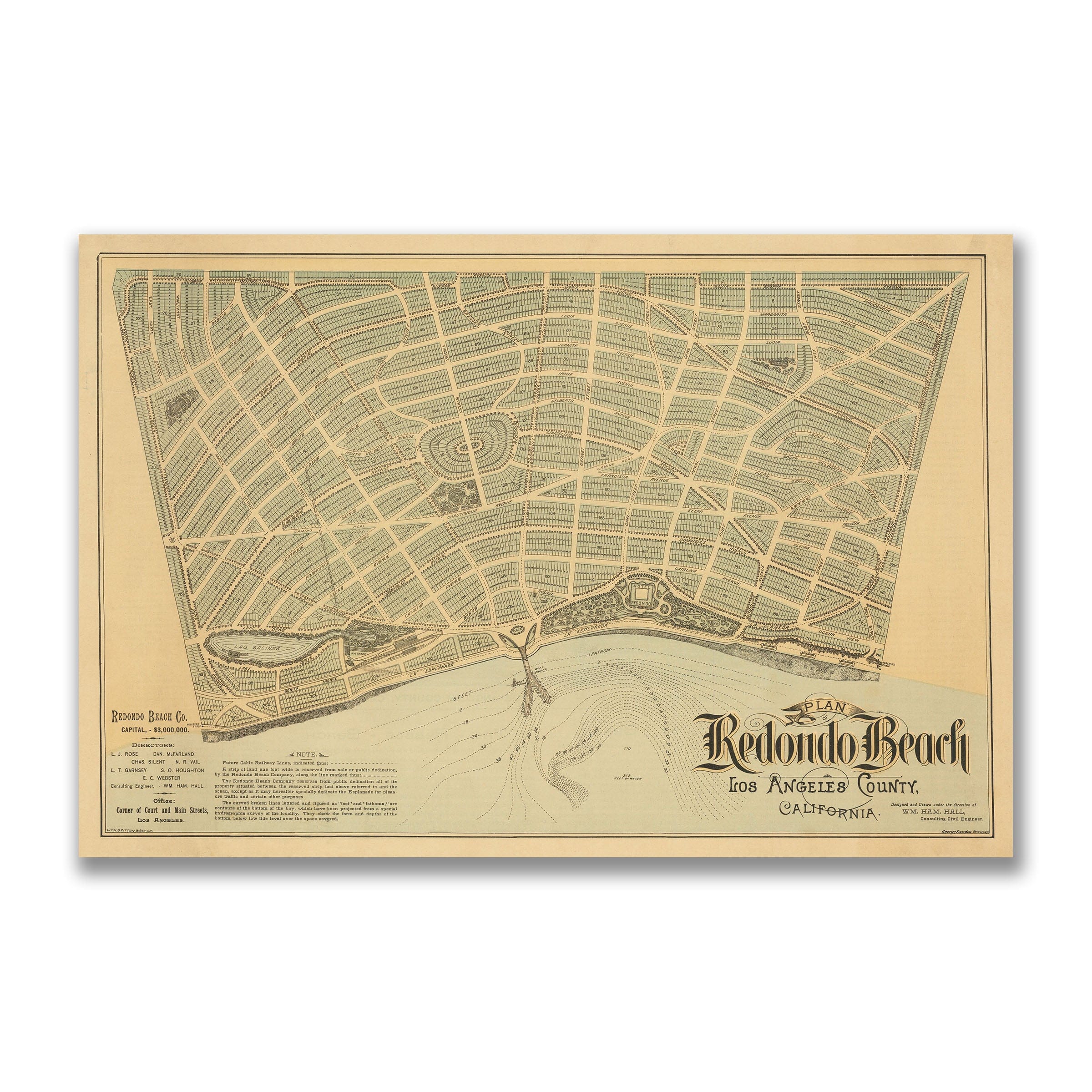 Redondo Beach, California Vintage Map 1887 - Bird's Eye View - Archive Prints