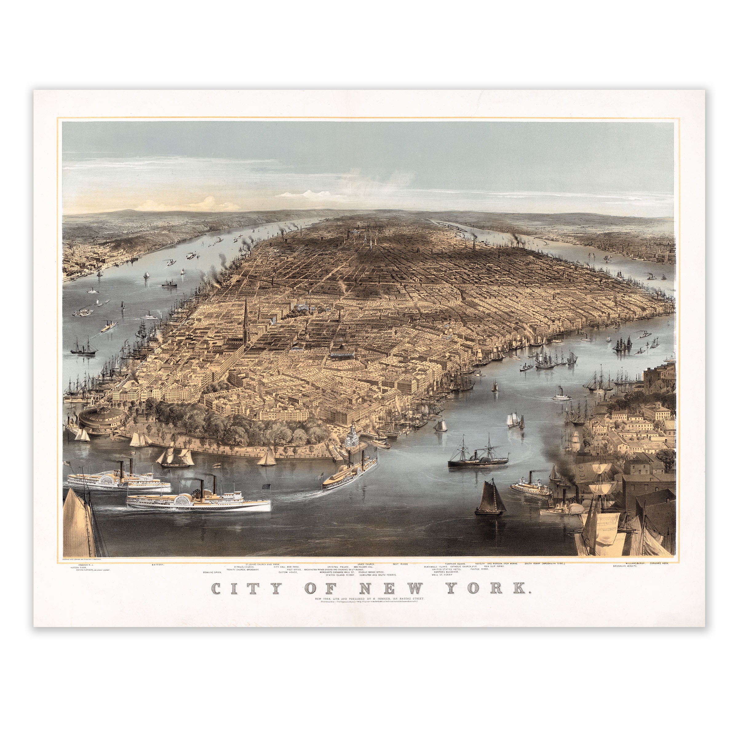 New York City Map - Vintage 1856 Currier & Ives Lithograph