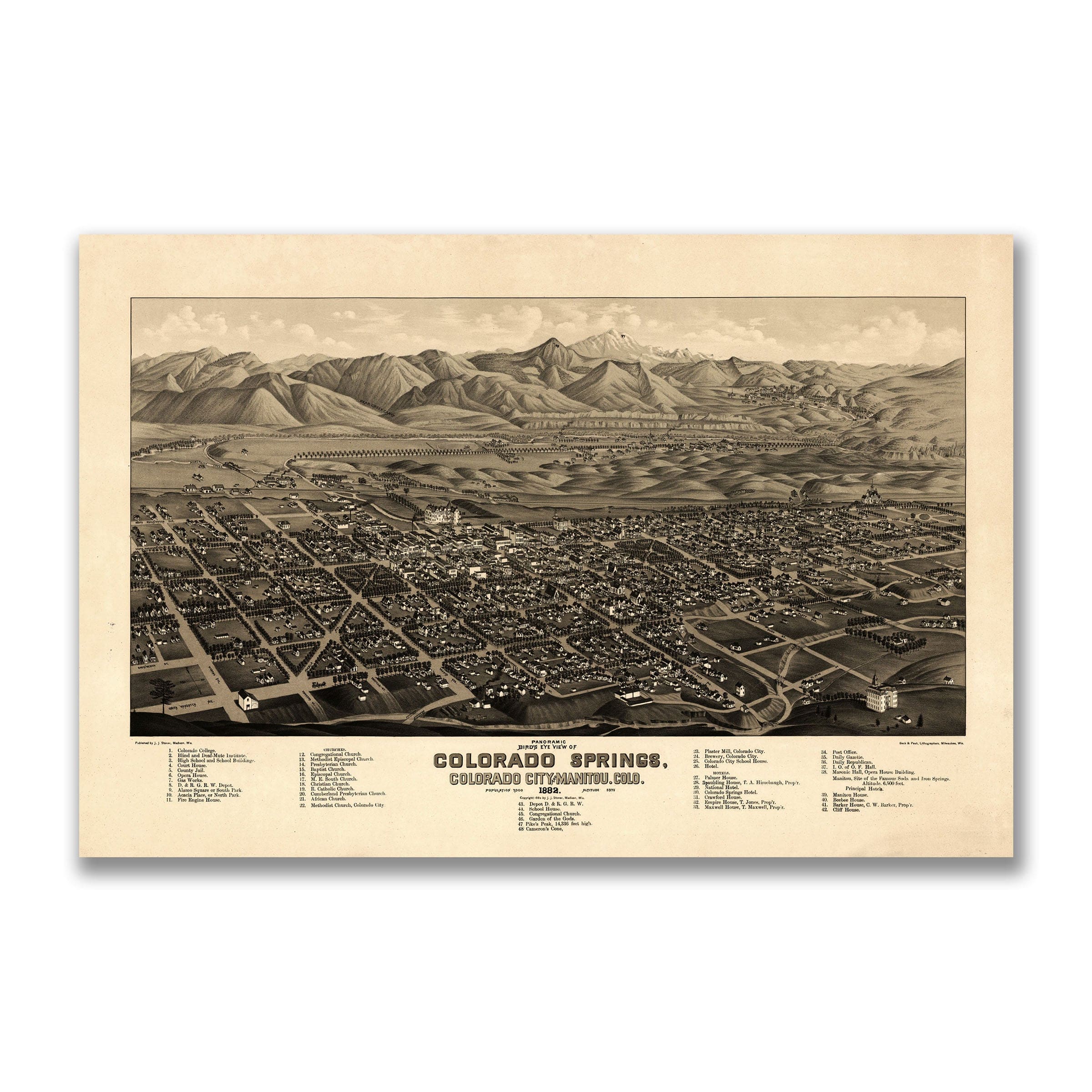 Colorado Springs Vintage Map 1882 - Bird's Eye View Pikes Peak Panoramic Map - Archive Prints
