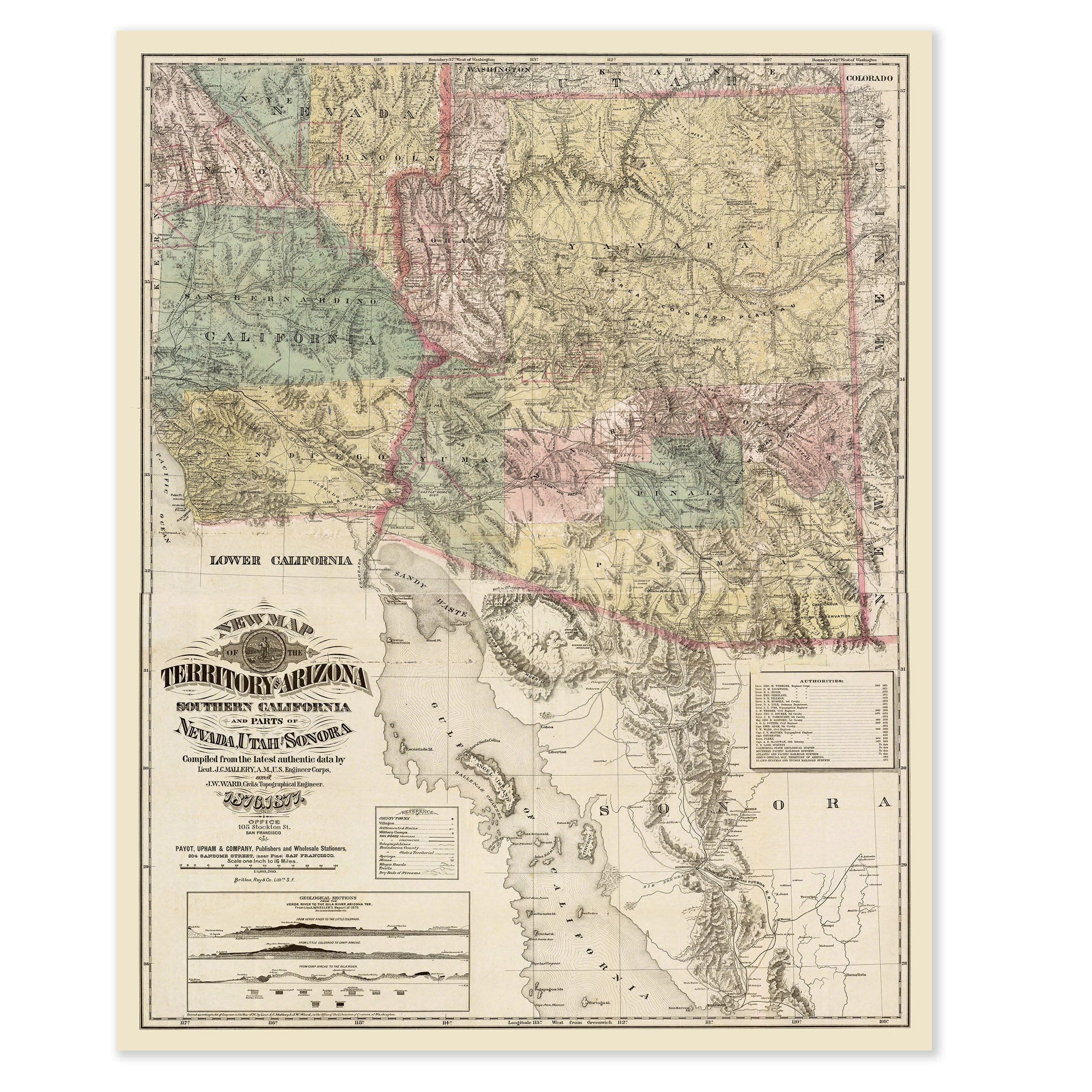 Arizona Territory Map 1877 - Payot Upham Survey - Archive Prints