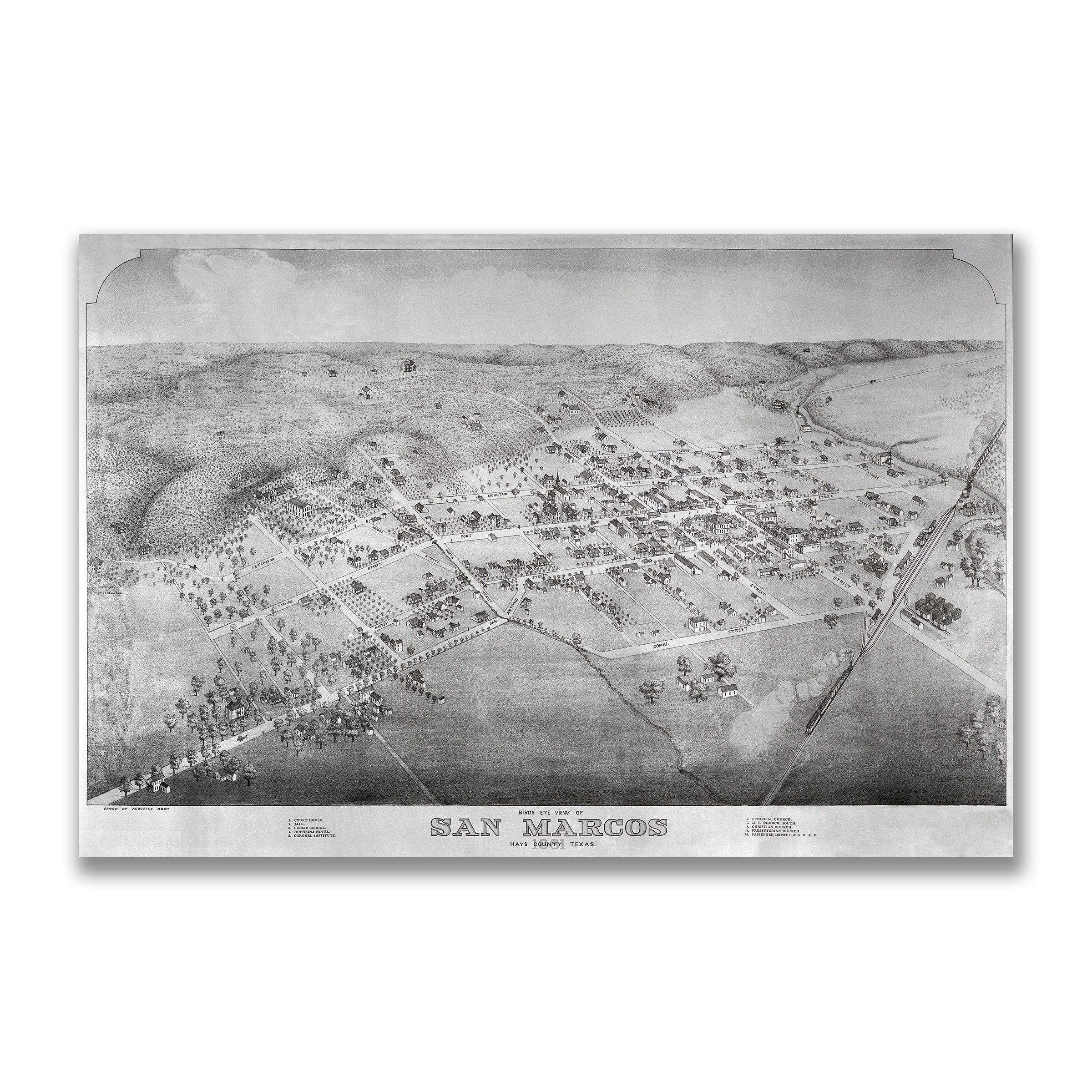 San Marcos Bird's-Eye View Map - Vintage 1881 Texas Map