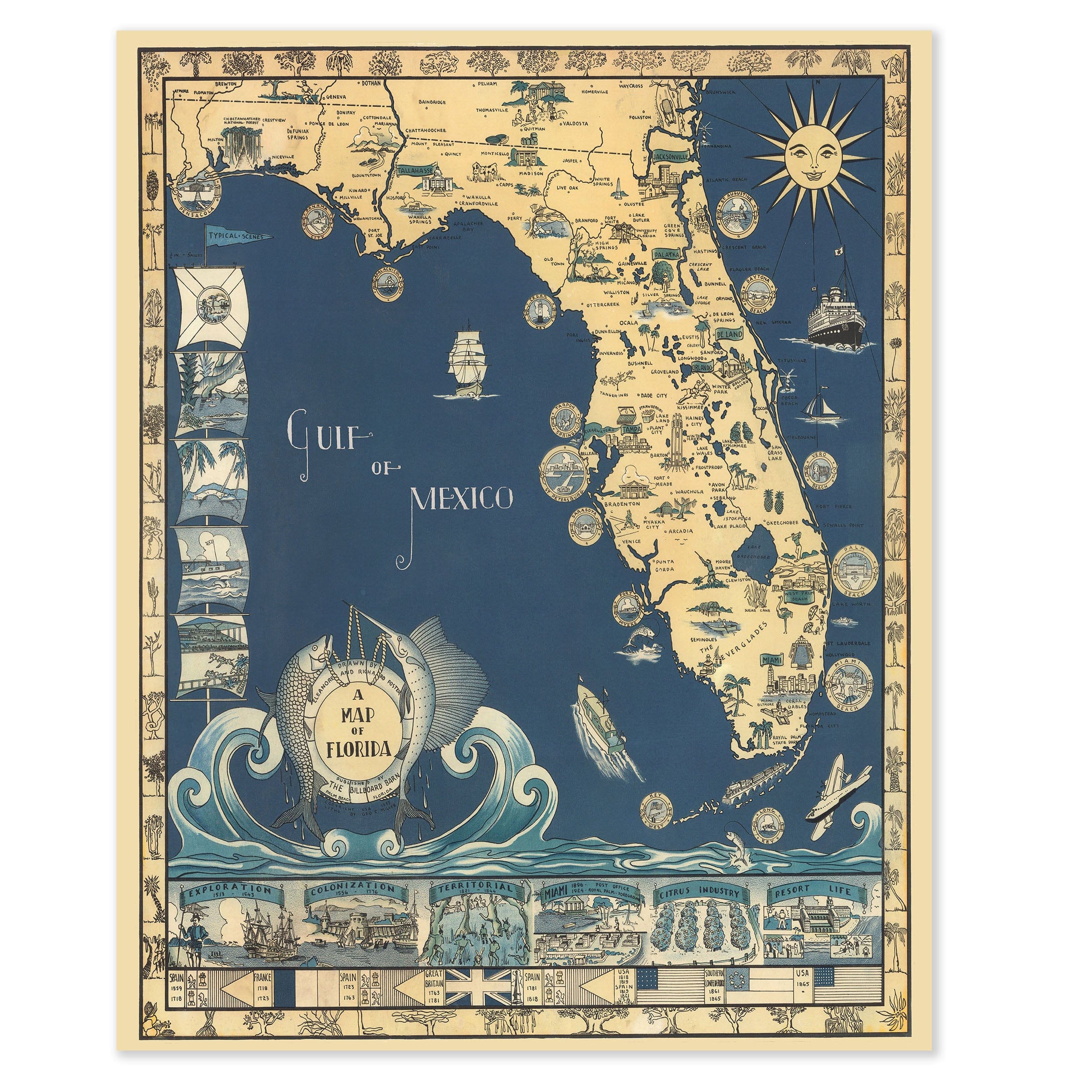 Antique Map of Florida c. 1930s - Pictorial Sunshine State - Archive Prints