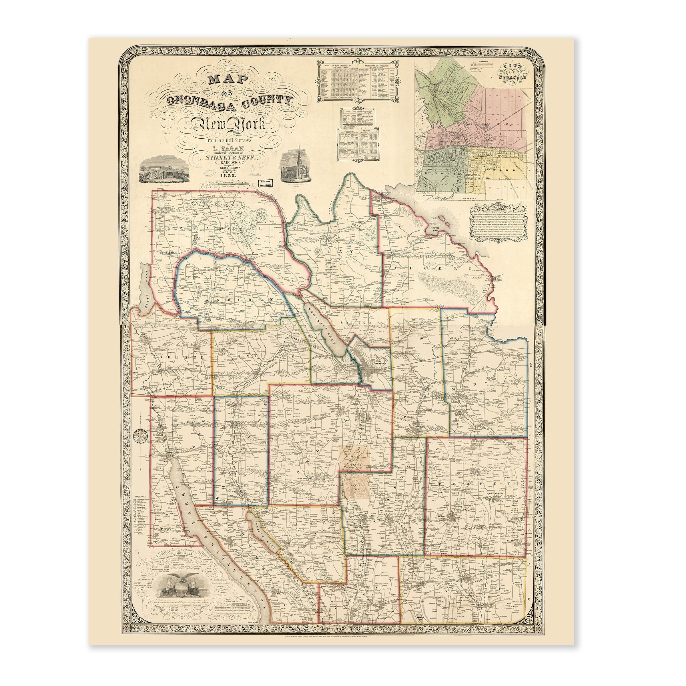 Onondaga County, New York Map 1852 - Archive Prints