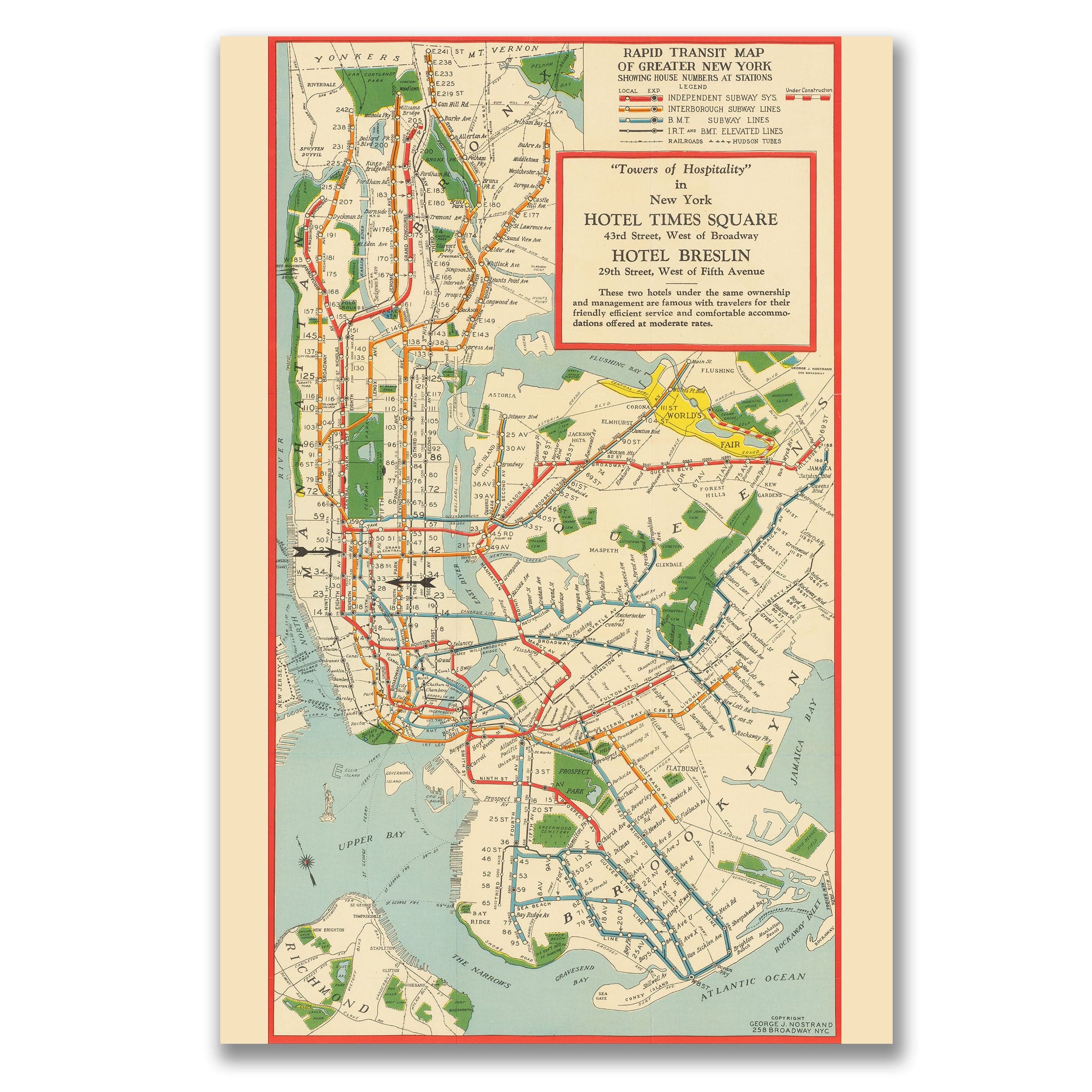 Rapid Transit Vintage Map of Greater New York 1939 - Subway Map
