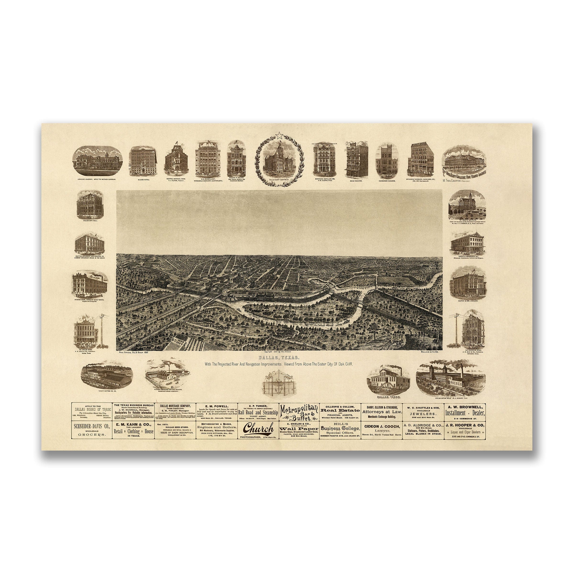 Dallas Texas 1892 Map - Vintage Bird's Eye View with Trinity River Navigation Plans - Archive Prints