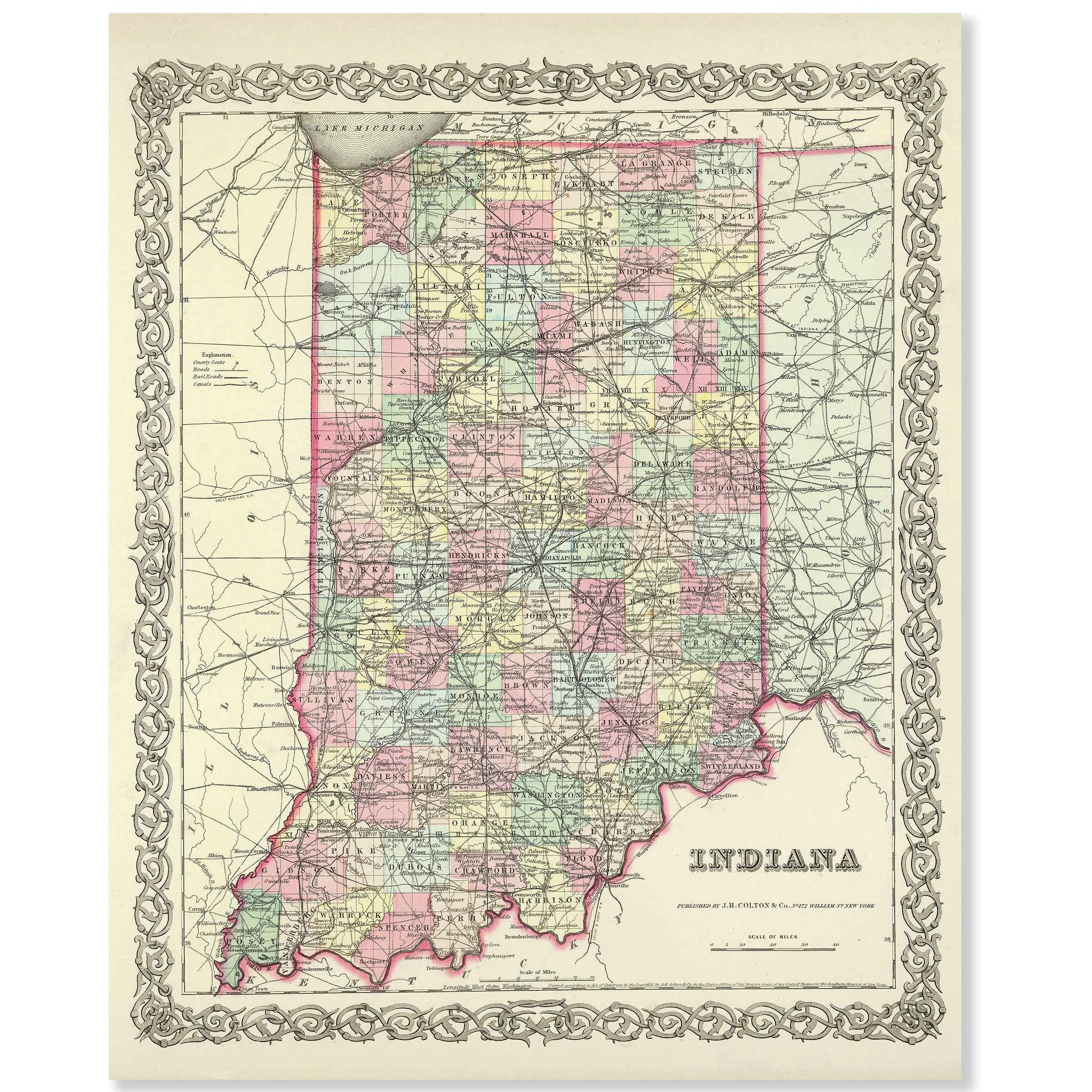 1856 Indiana Map - Vintage State Map by Colton (Restored) for Collectors