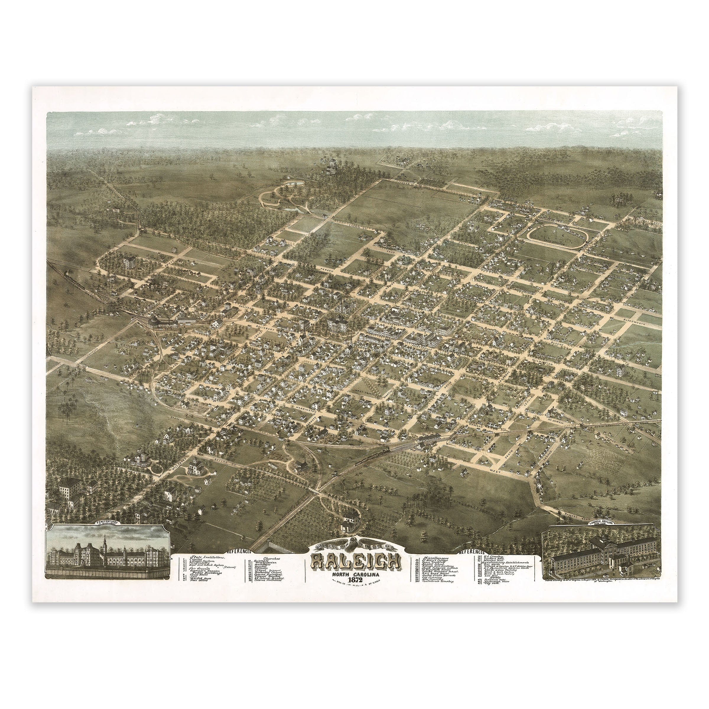 Raleigh, North Carolina Vintage Map 1872 - Bird's Eye View - Archive Prints