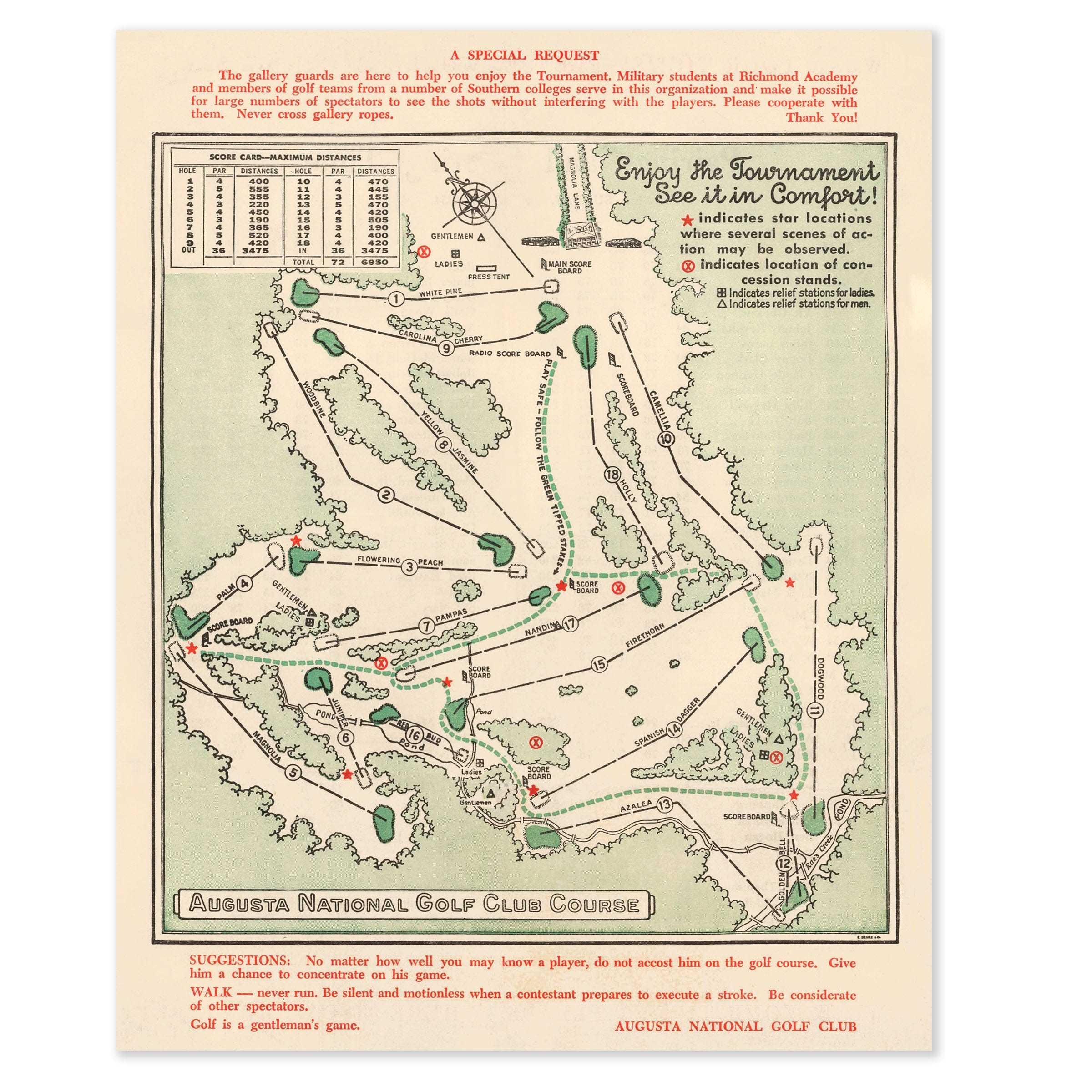 Augusta National Golf Club Course Map 1954 - Masters Tournament Guide - Archive Prints