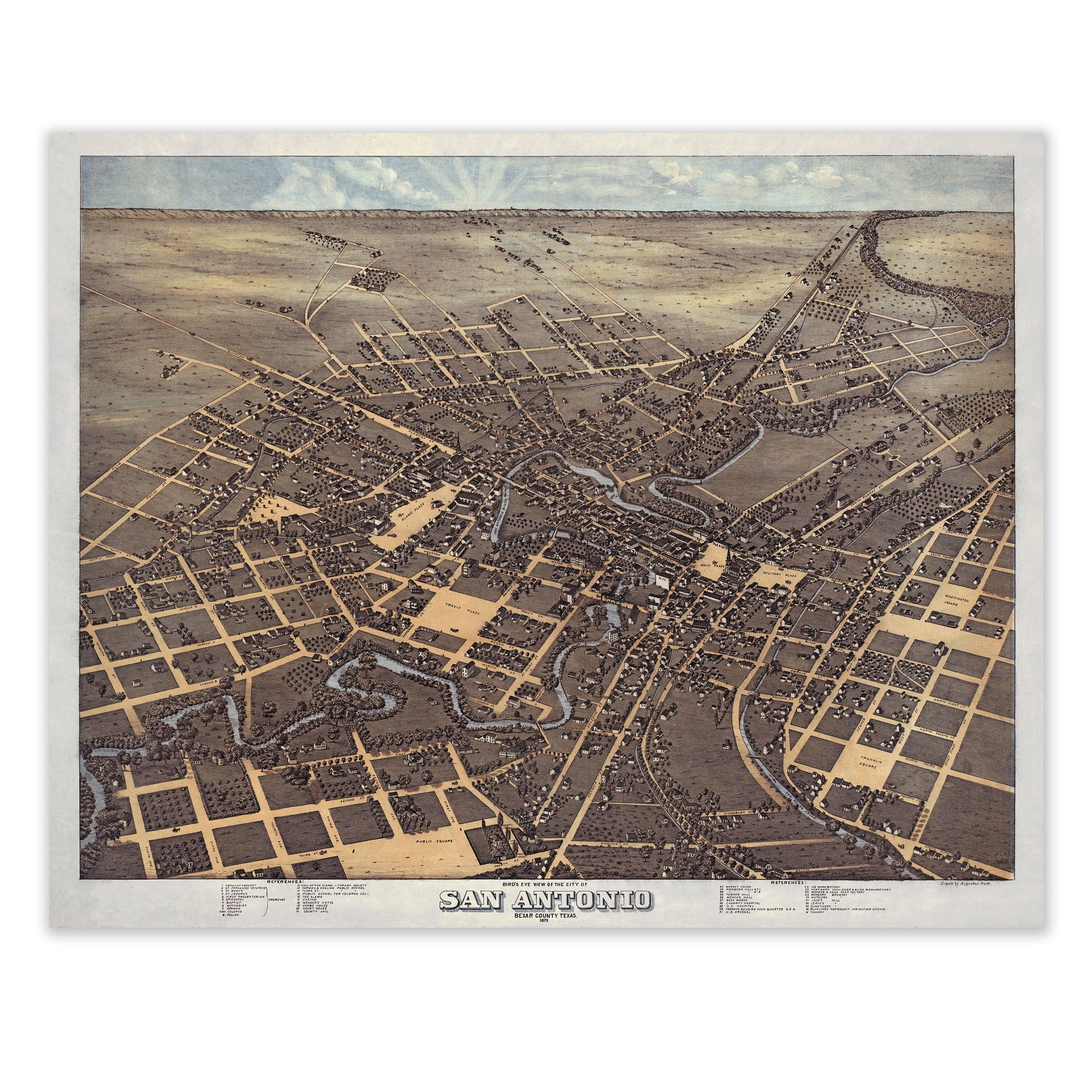 Bird's Eye View of San Antonio, Bexar County, Texas 1873 - Archive Prints