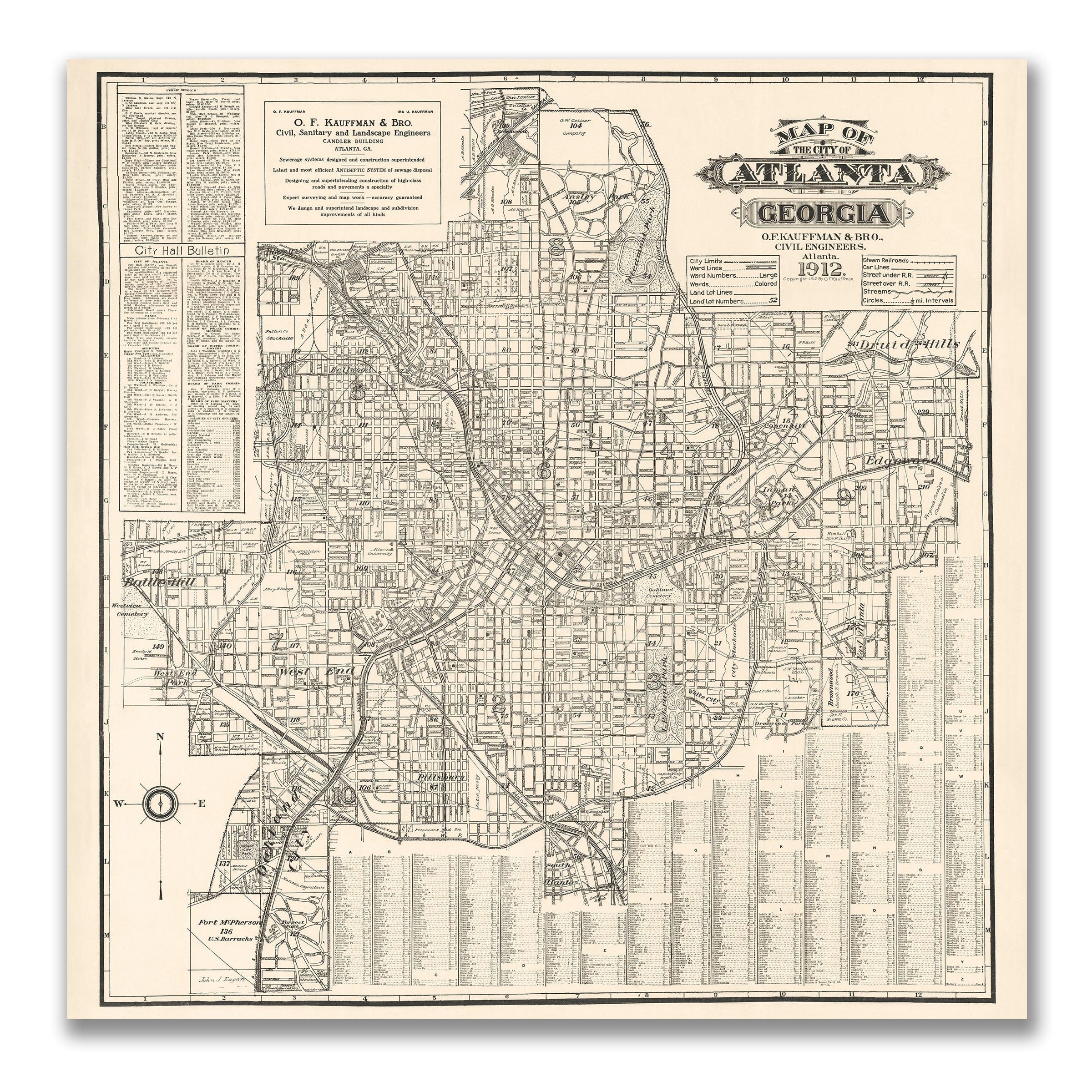 Map of the City of Atlanta, Georgia 1912 - Kauffman Survey - Archive Prints