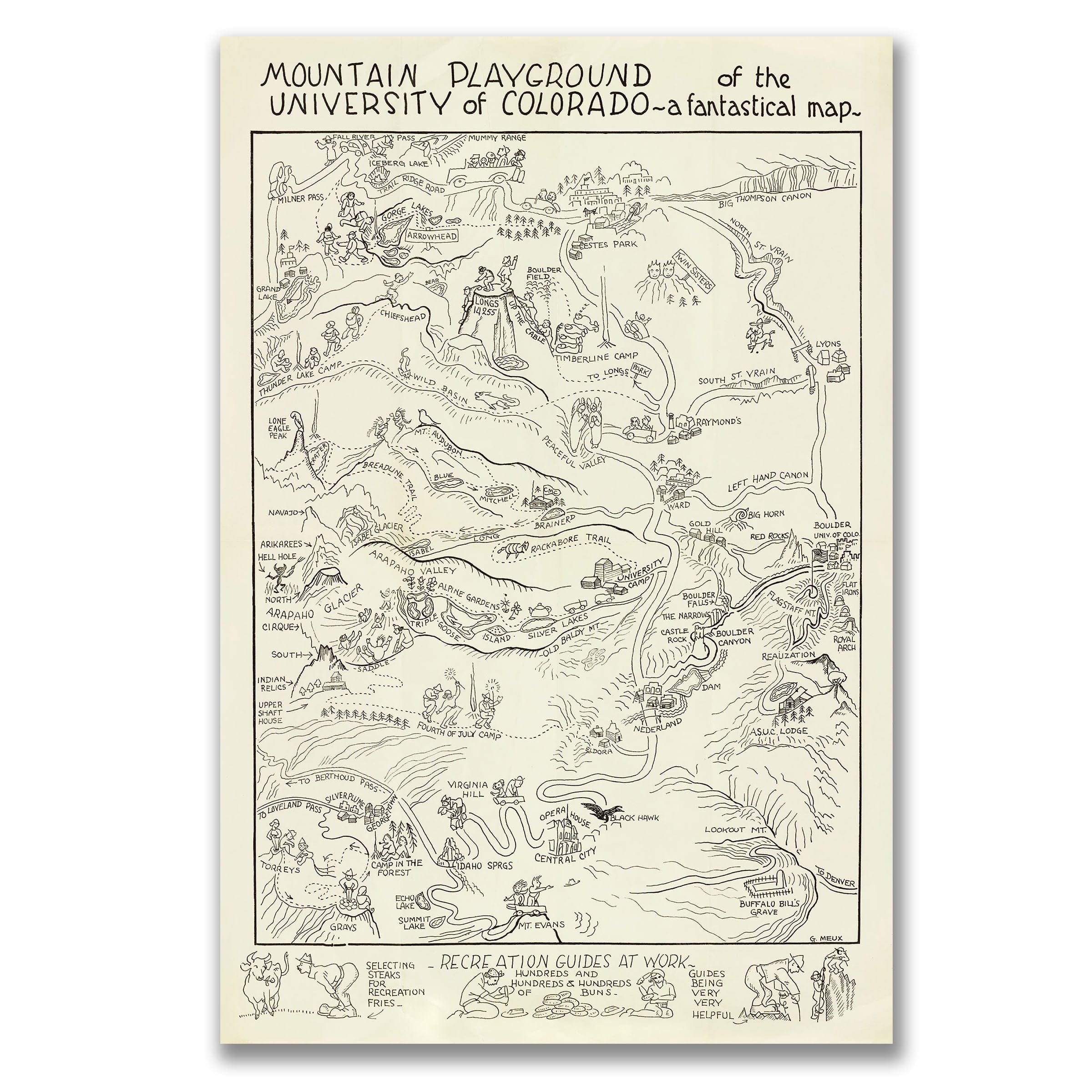 Mountain Playground of the University of Colorado 1940 - University of Colorado Fantastical Map - Archive Prints