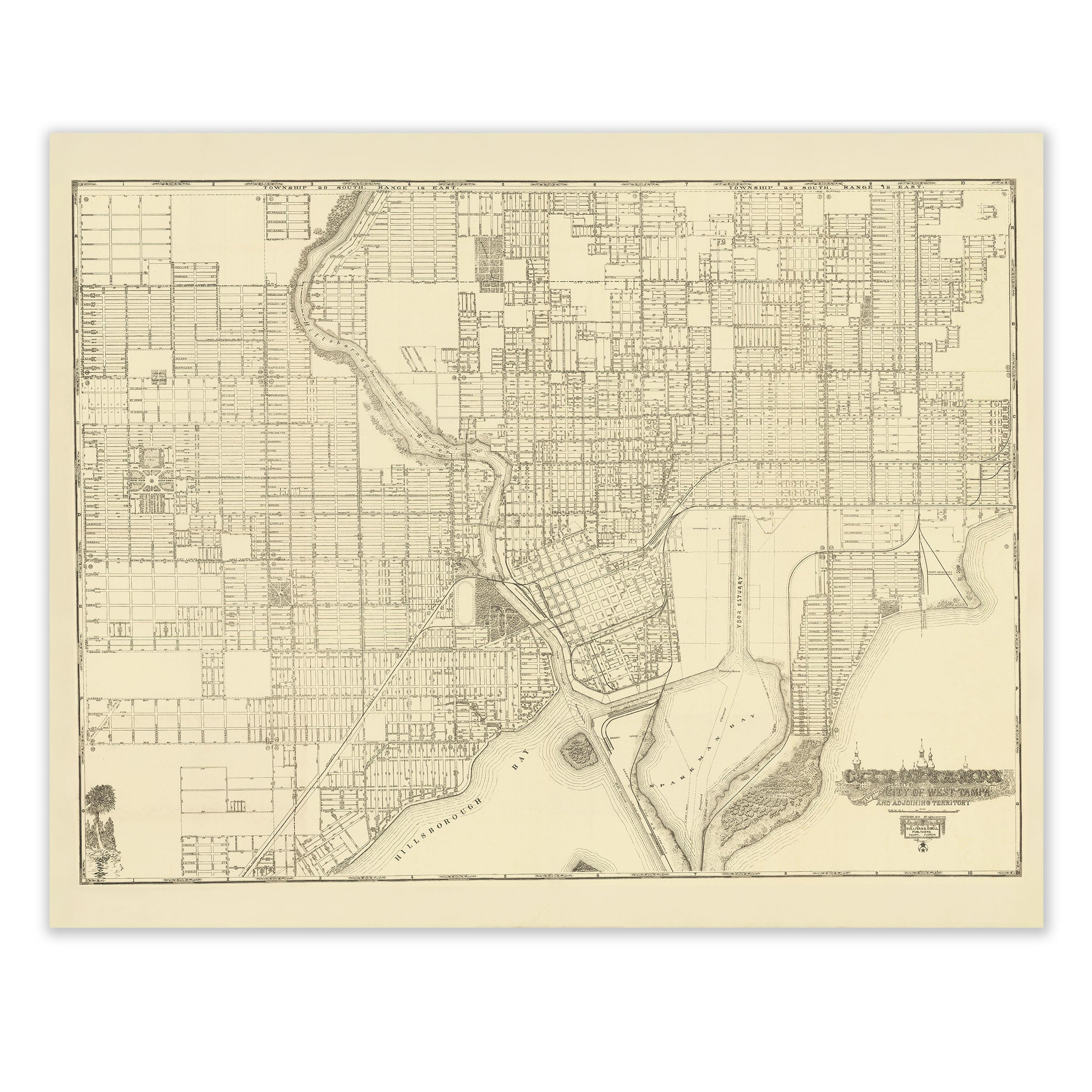 City of Tampa Including City of West Tampa and Adjoining Territory - Vintage 1913 Map Lithograph