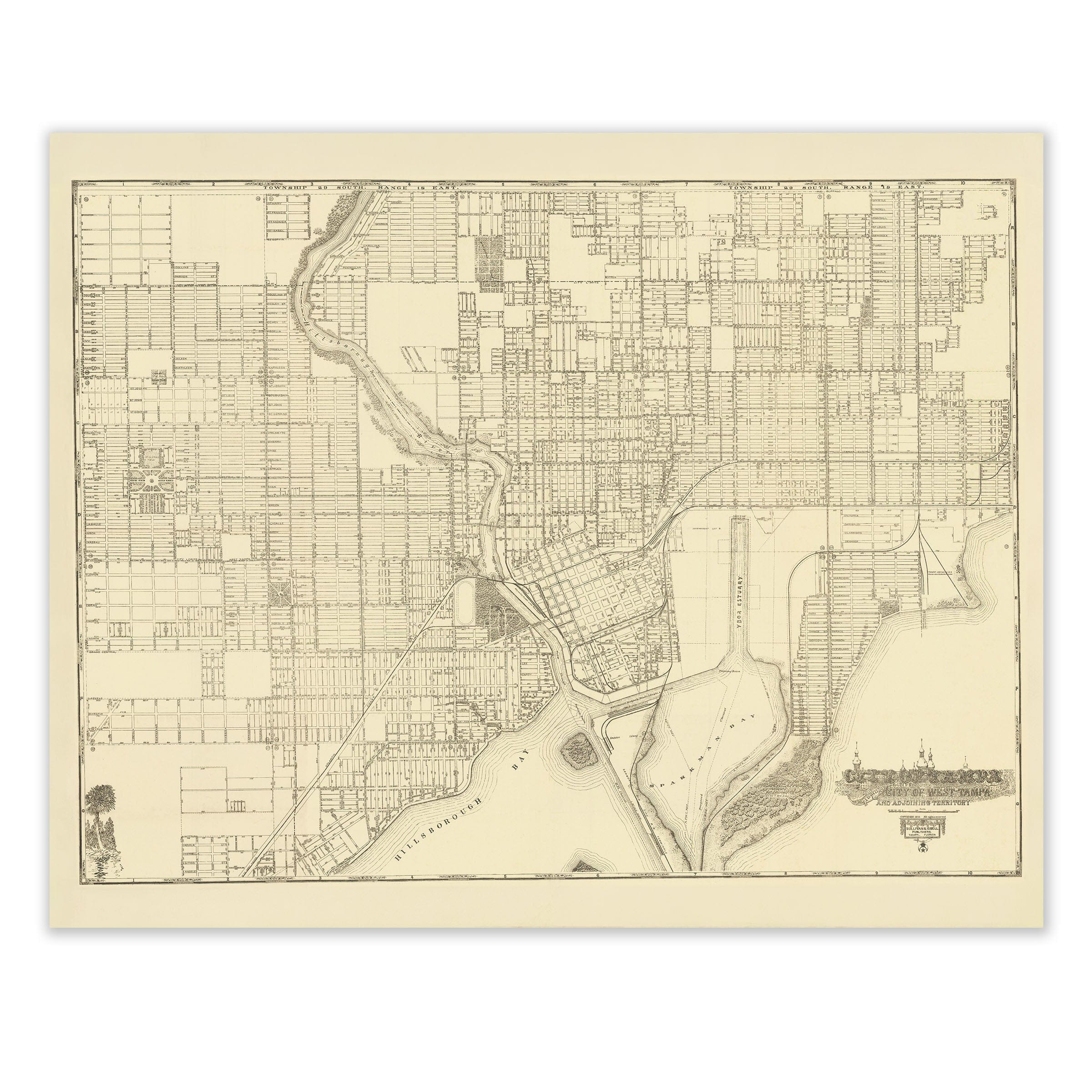 Tampa Vintage Map - 1913 Lithograph of City of Tampa, West Tampa, and Surrounding Areas - Archive Prints