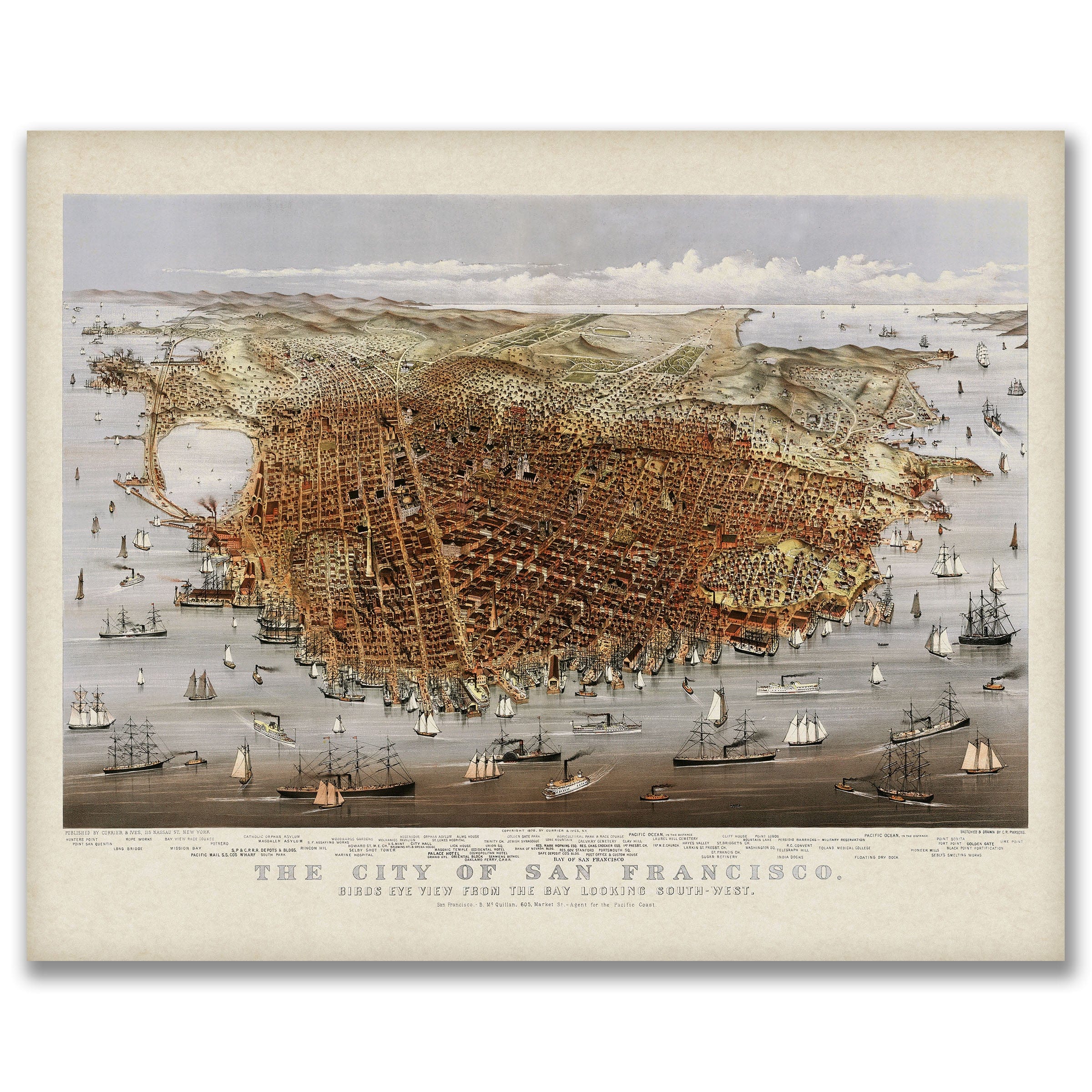 1878 San Francisco Bird's-Eye Map - Restored Vintage Wall Art for Home Decor