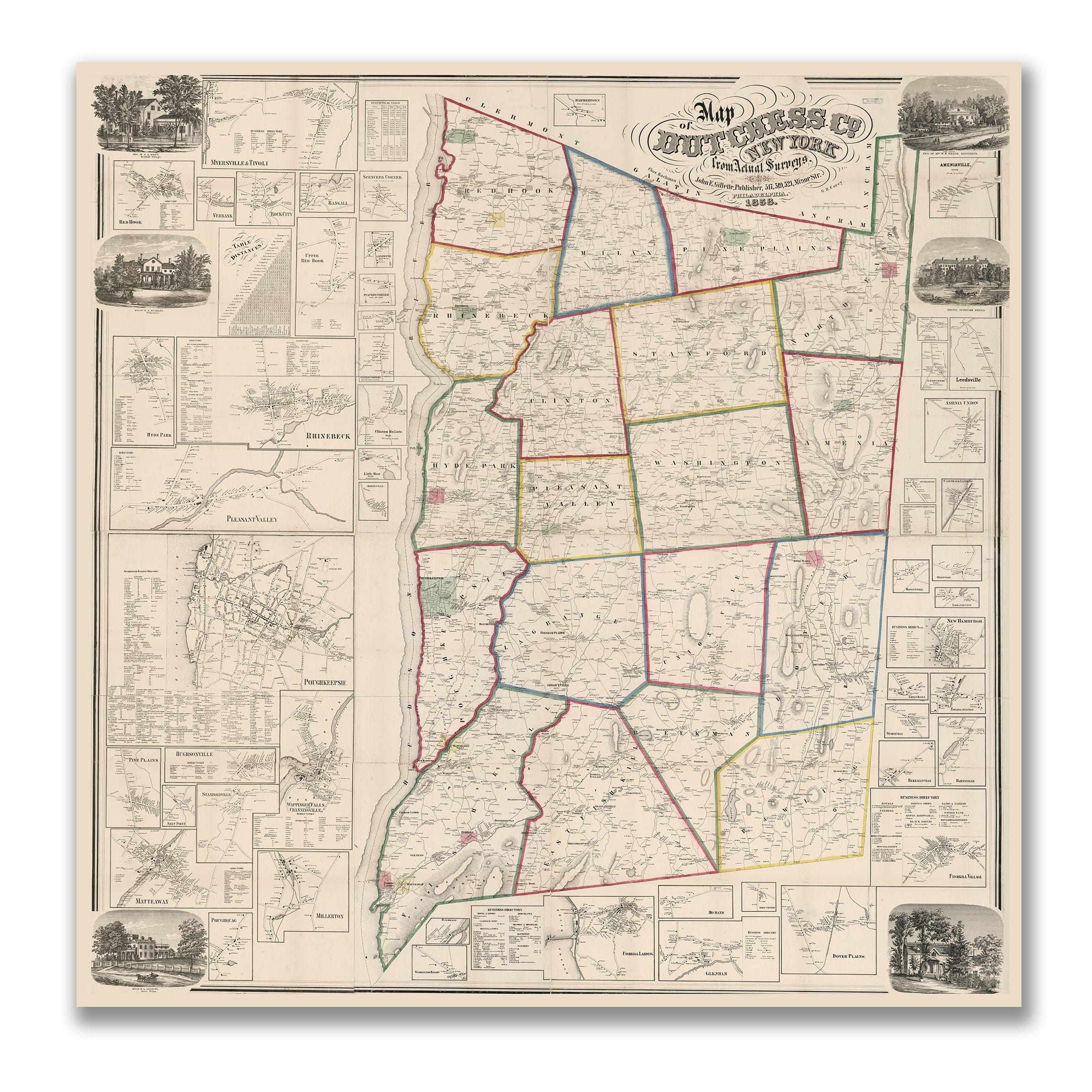 Dutchess County, New York Map 1858 - Archive Prints