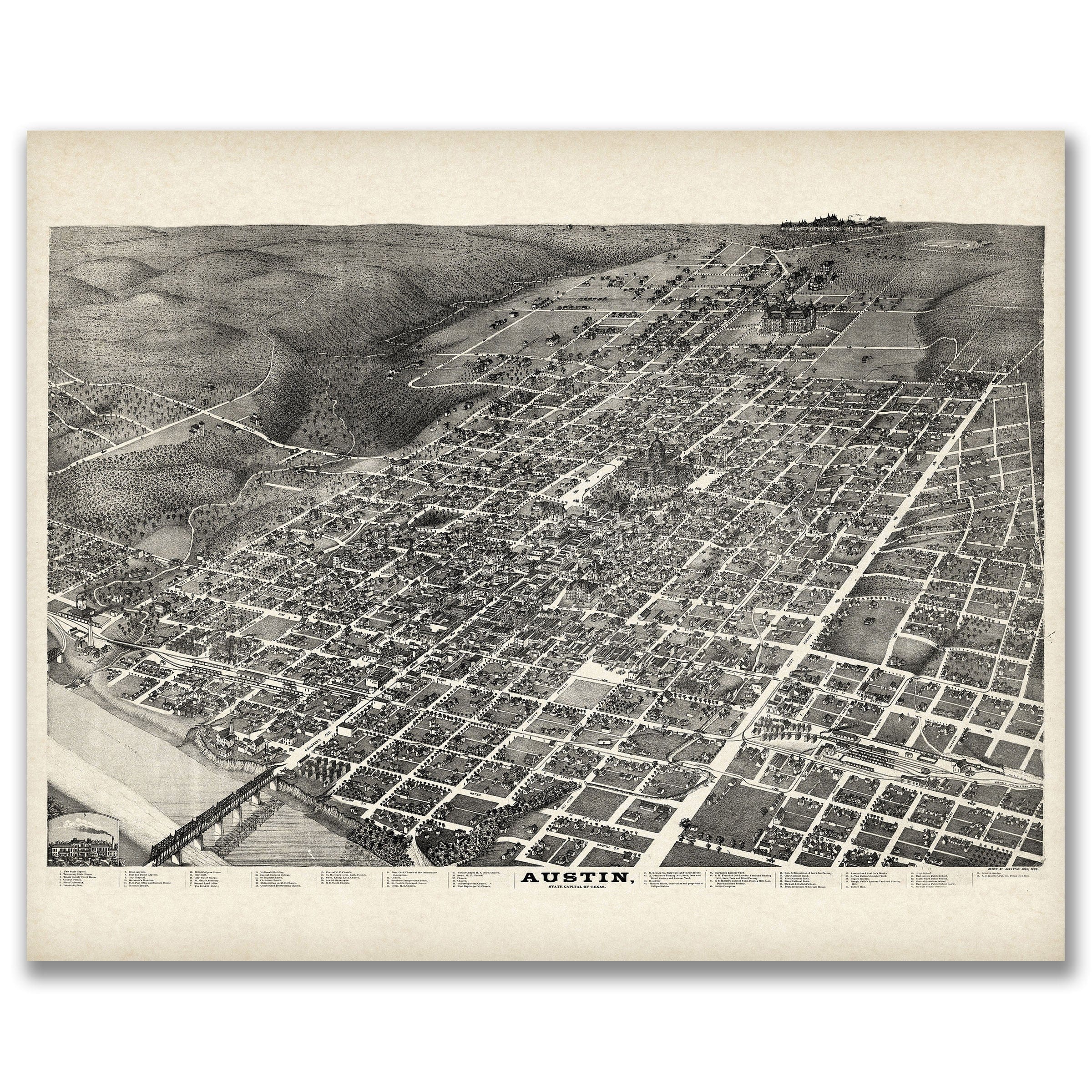 Austin Bird's-Eye Map - Vintage 1887 Texas State Capital Historical Map for Collectors - Archive Prints