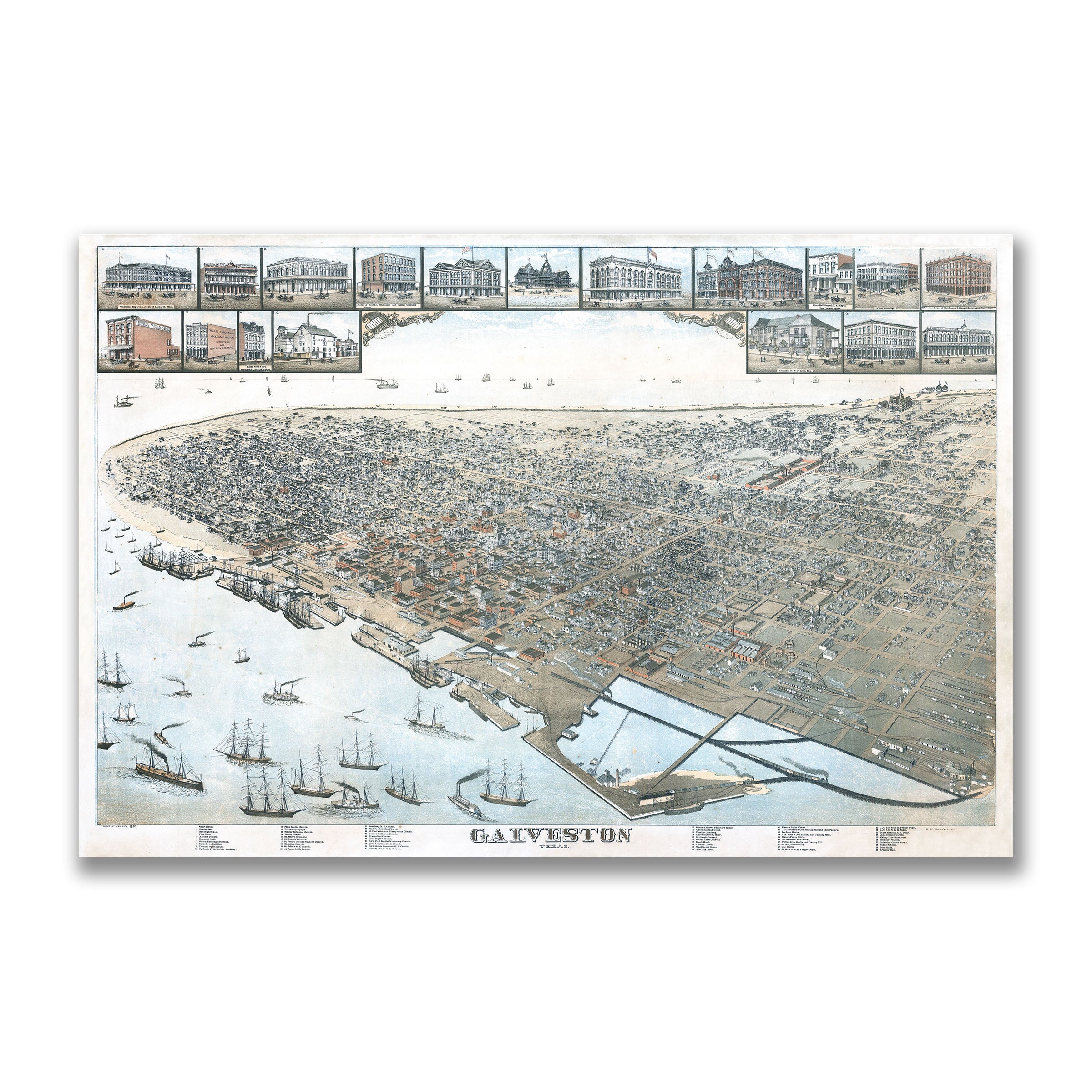 Galveston Bird's-Eye Map - Vintage 1885 Koch Historical City Map