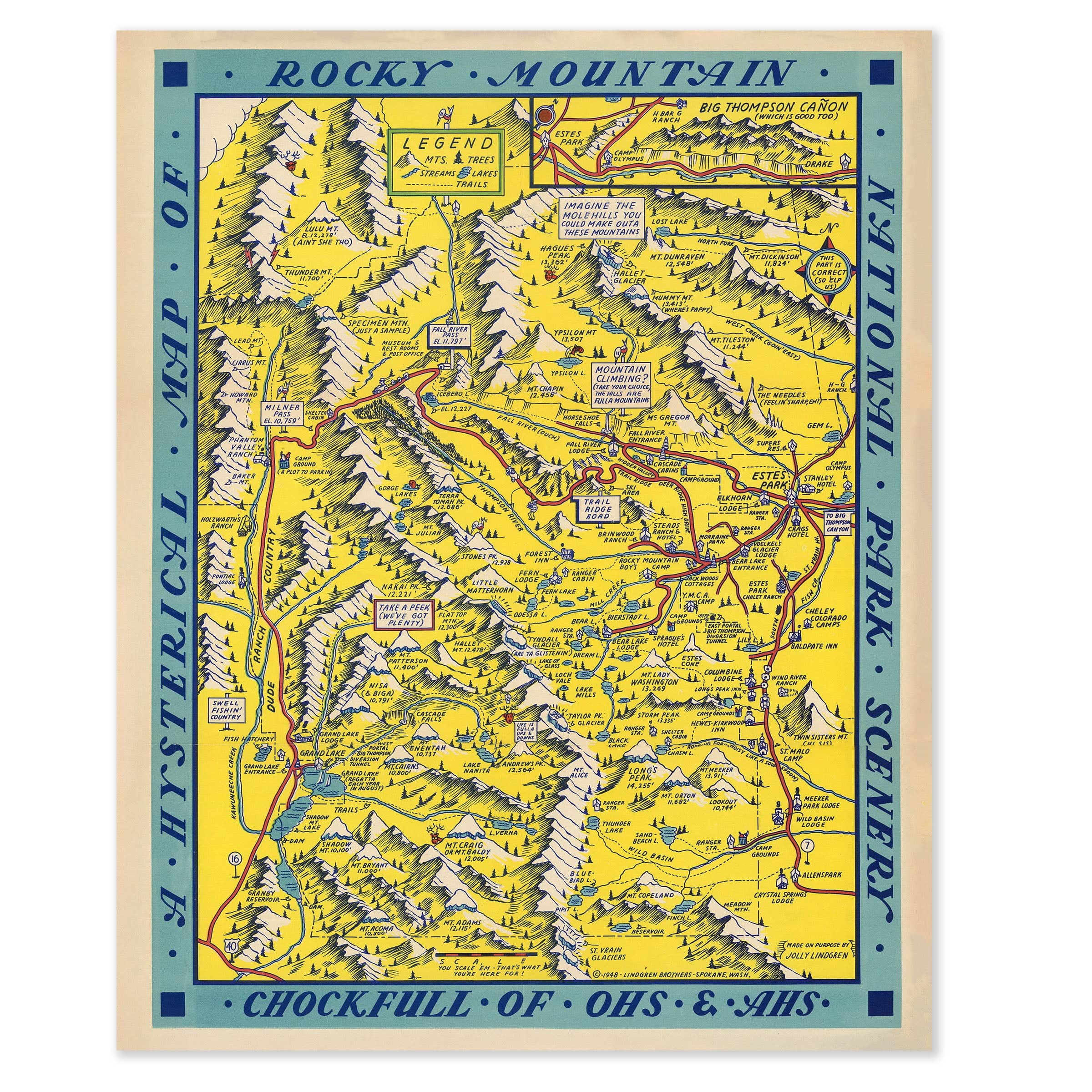 Hysterical Map of Rocky Mountain National Park 1948 - Jolly Lindgren Pictorial Map - Archive Prints
