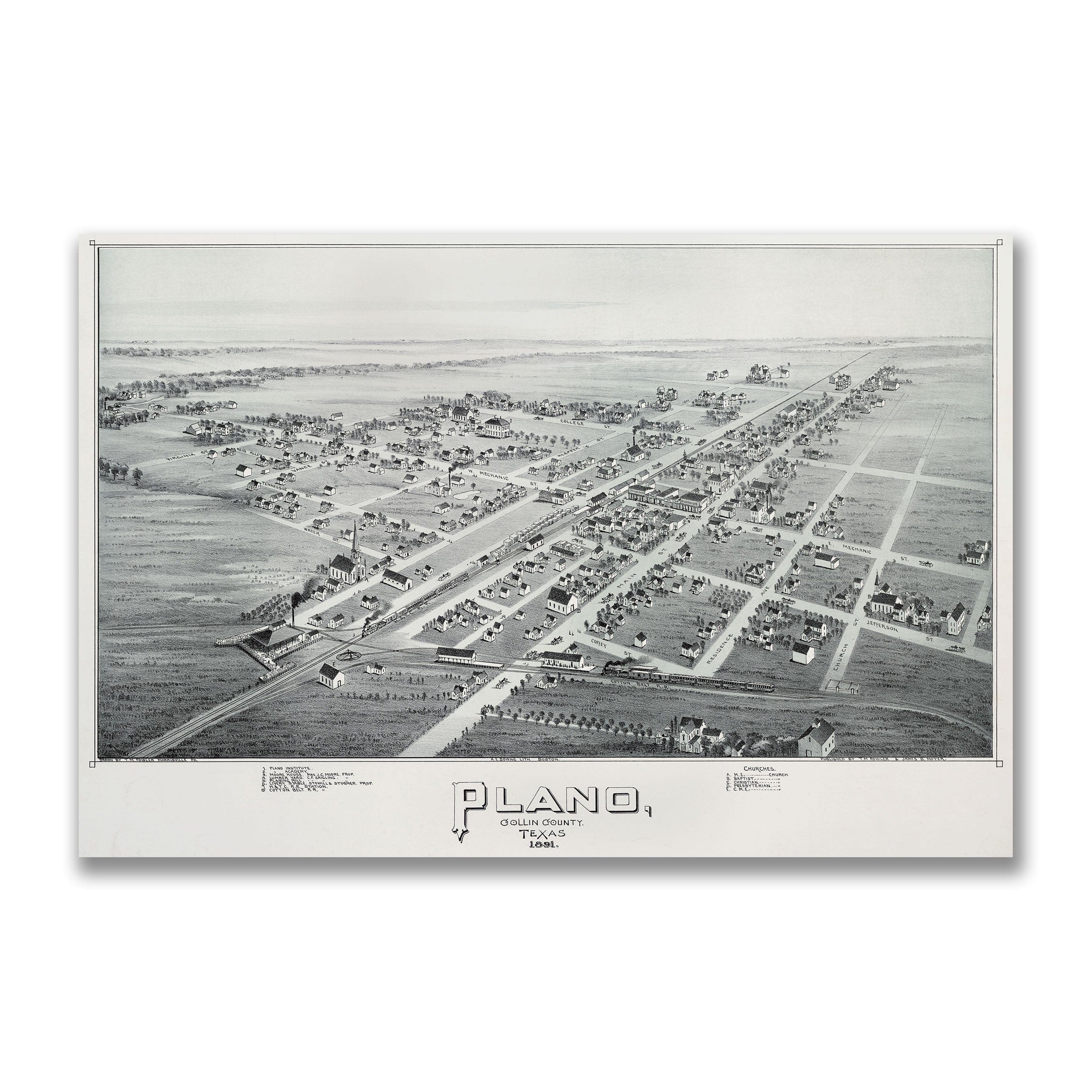 Plano Texas Vintage Map 1891 - Historic Bird's Eye View City Map - Archive Prints