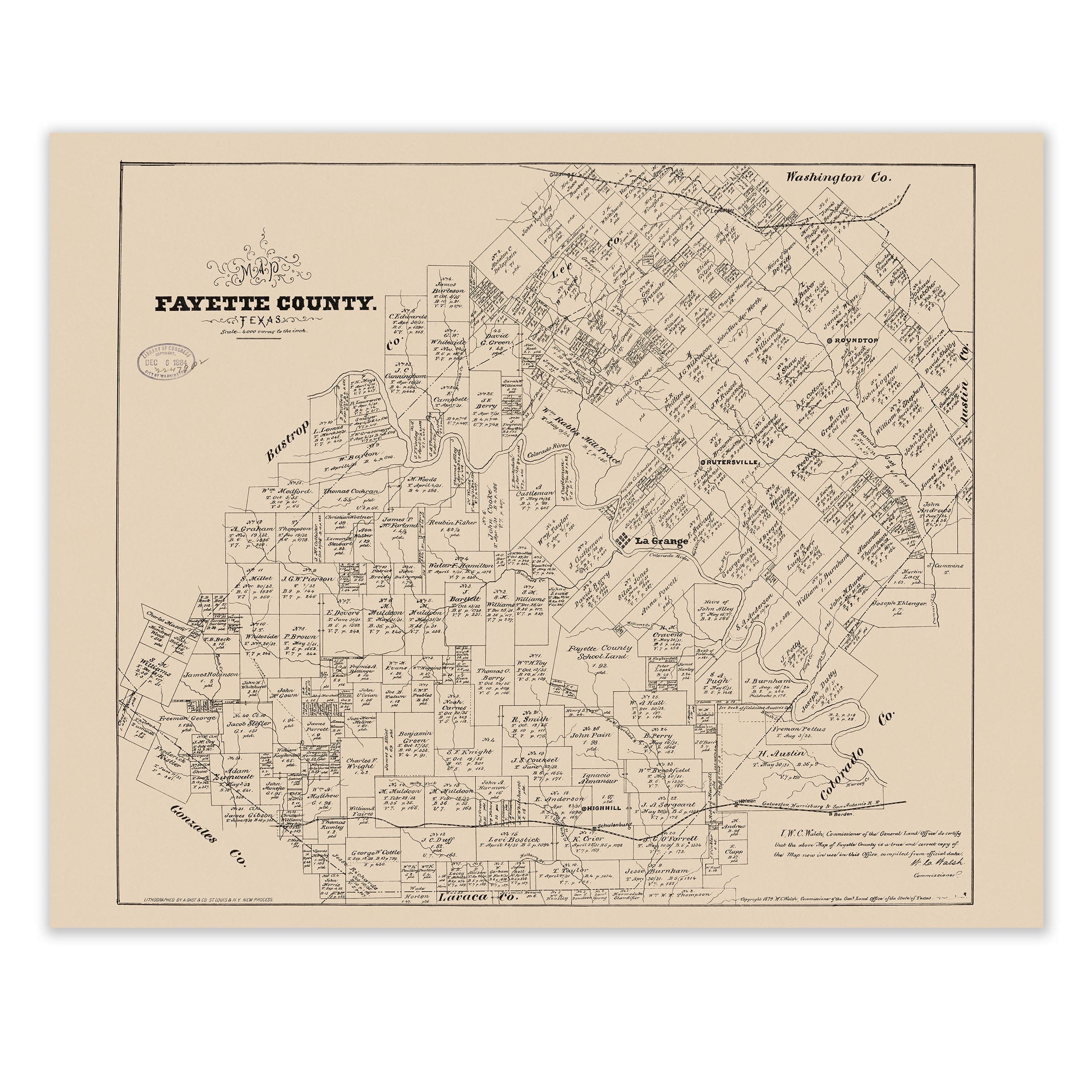 Fayette County Texas Land Ownership Map 1879 - Historical Official Map - Archive Prints