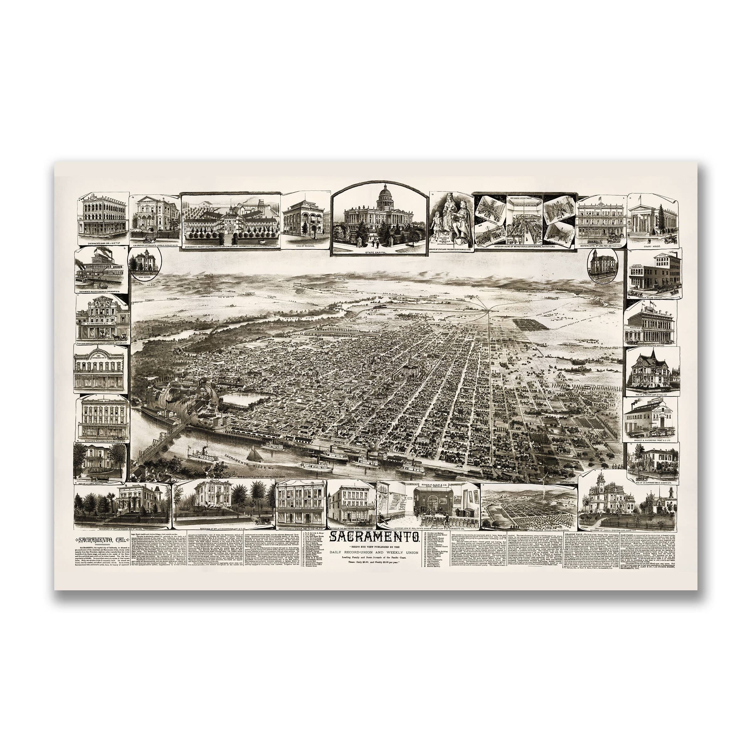 Sacramento 1890s Vintage Map - Bird's Eye View of California State Capitol - Archive Prints