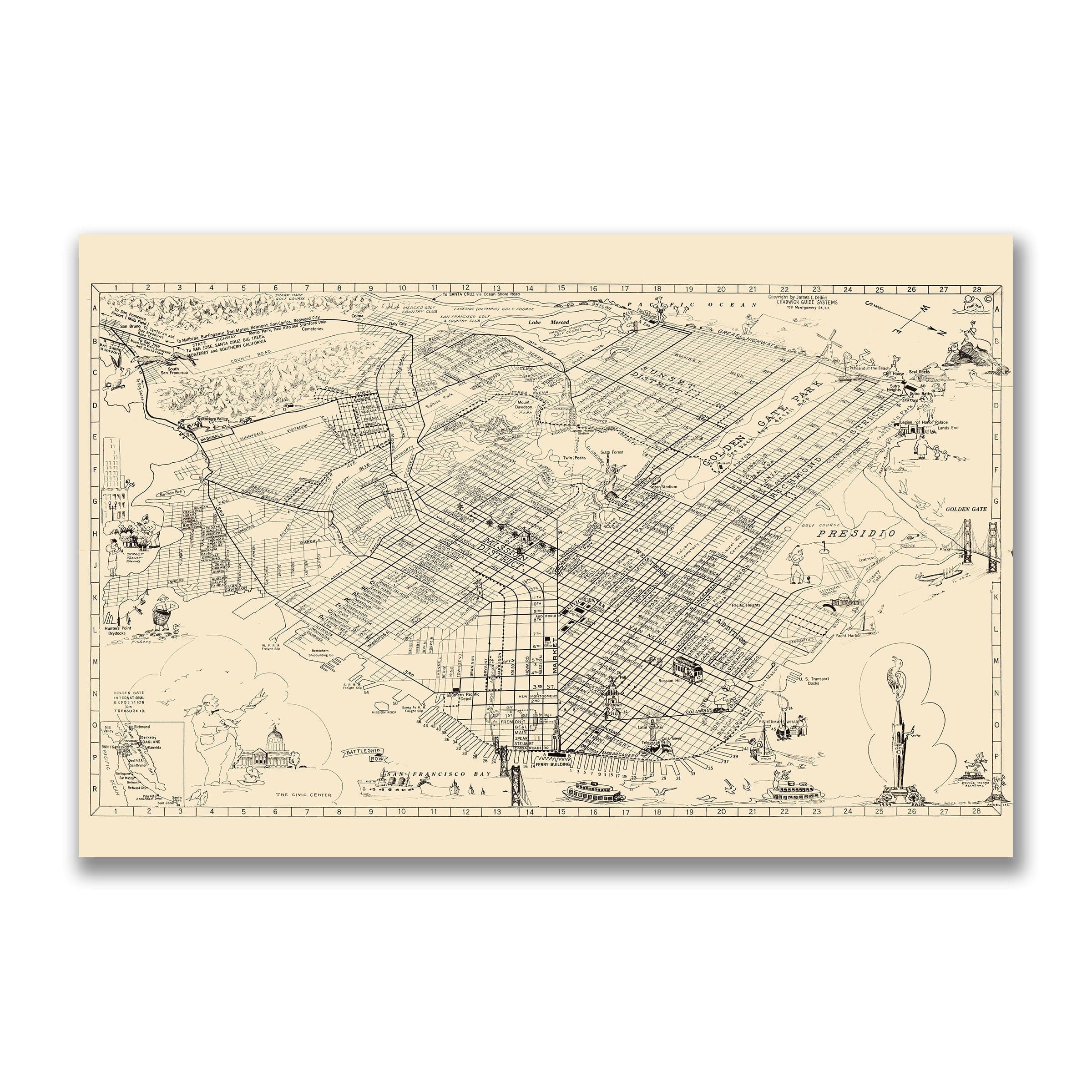San Francisco, California Vintage Map 1938 - Golden Gate Era - Archive Prints