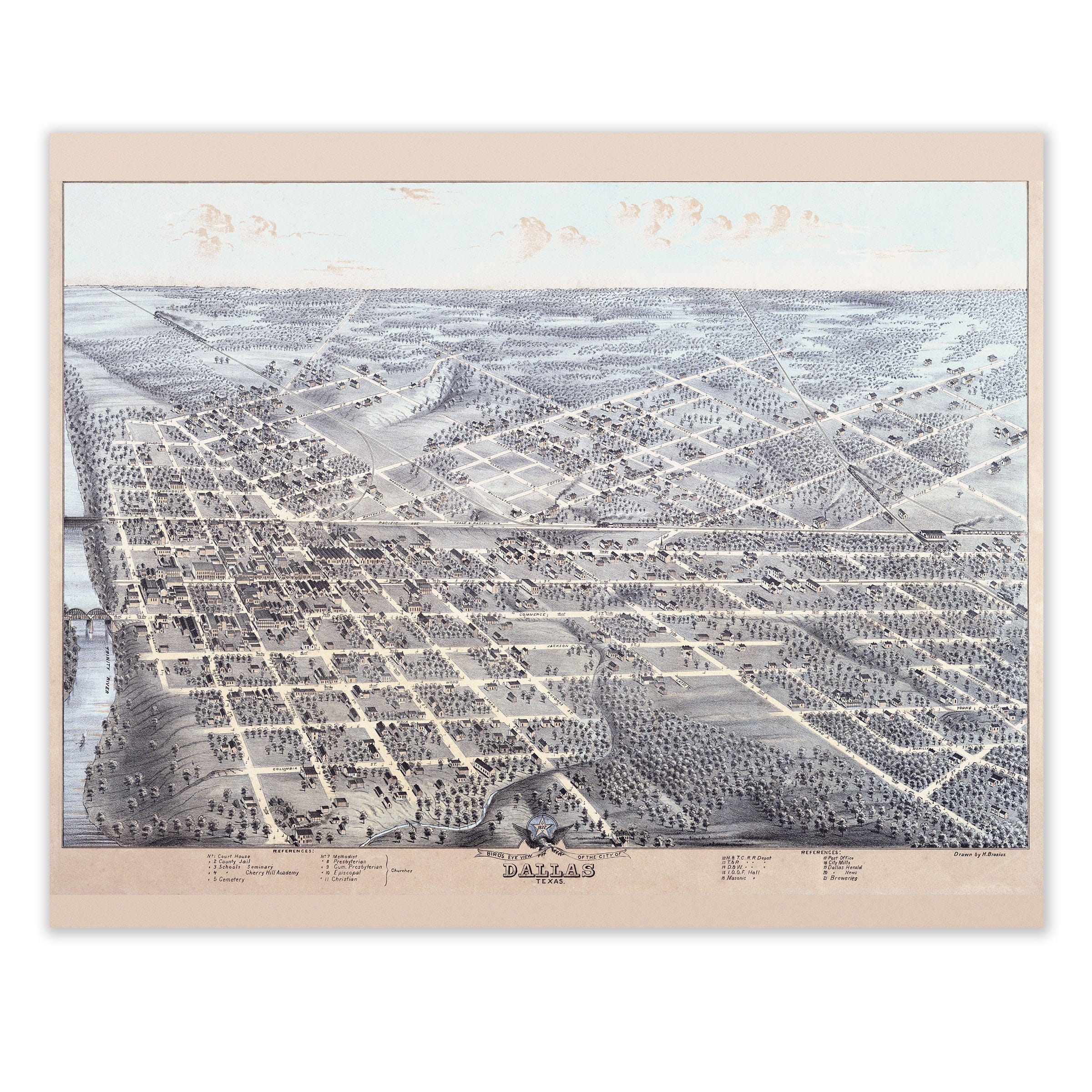 Bird's Eye View of the City of Dallas, Texas 1872 - Archive Prints
