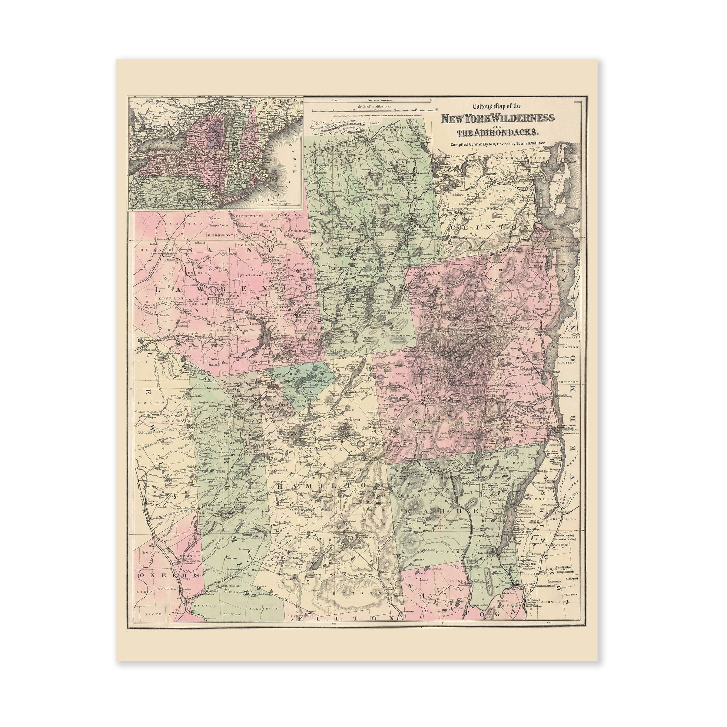 New York Wilderness & the Adirondacks Map 1869 - Archive Prints