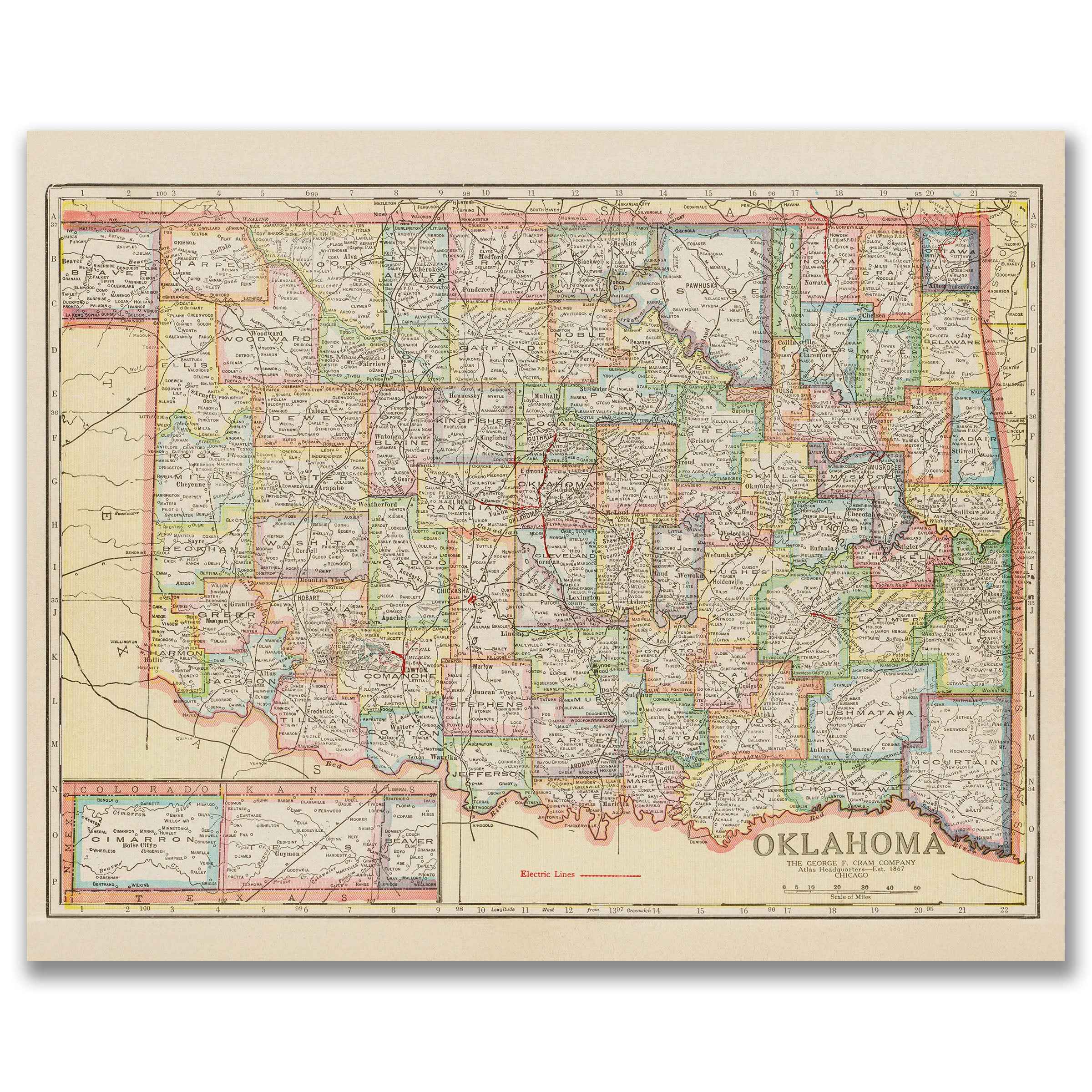 Oklahoma Map - Vintage 1925 George F. Cram Historical Map