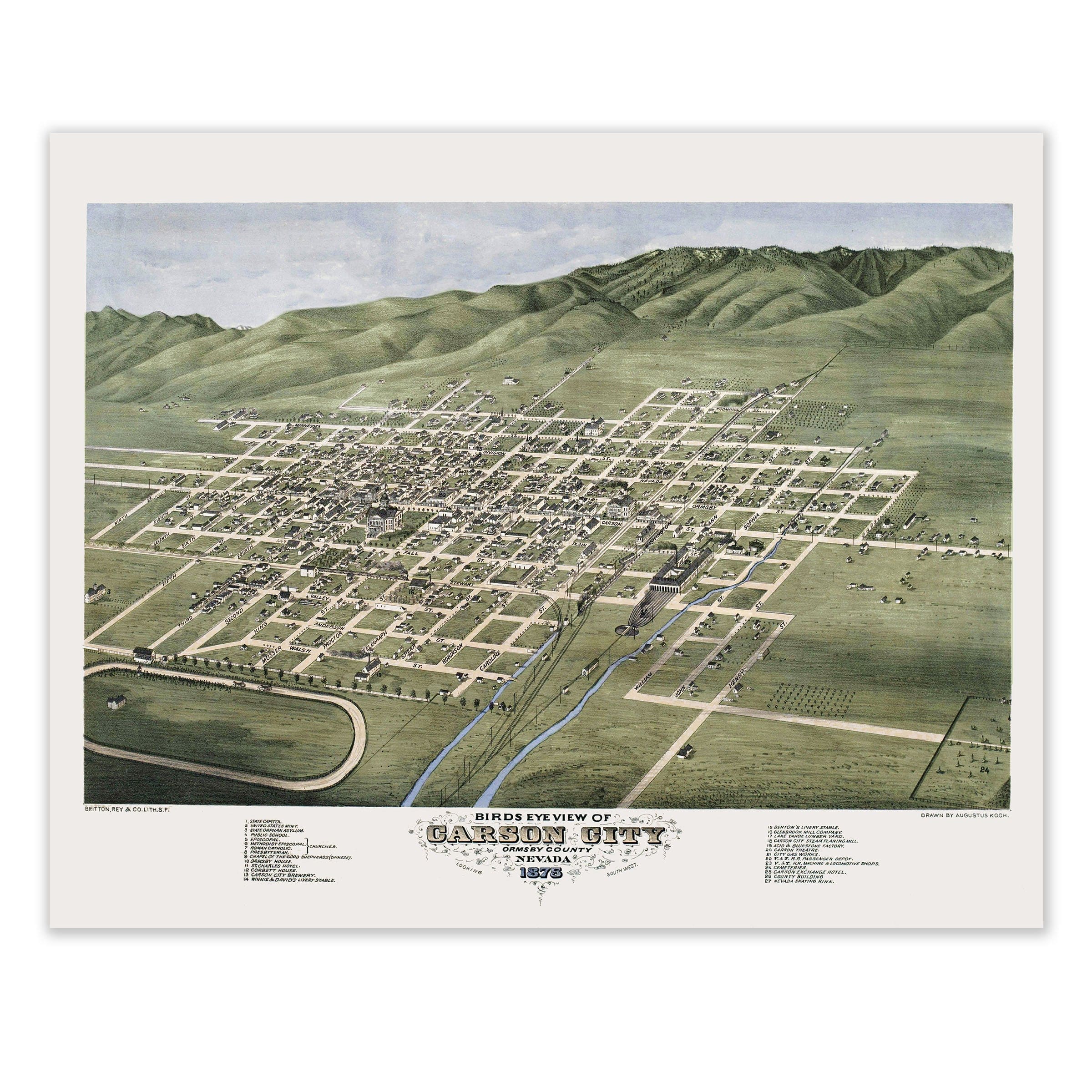Carson City, Ormsby County, Nevada Map 1875 - Archive Prints