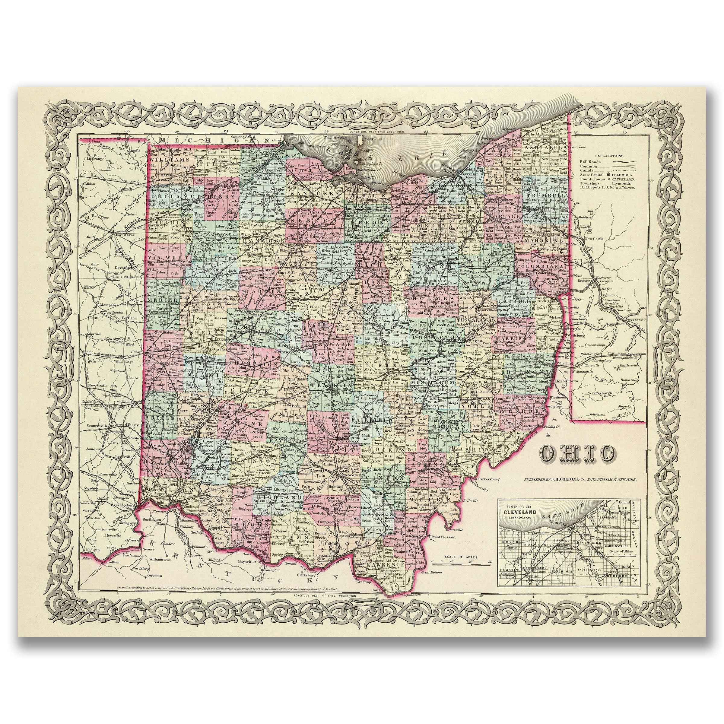 Ohio Map - Vintage 1856 Colton Historical Map with Cleveland Vicinity
