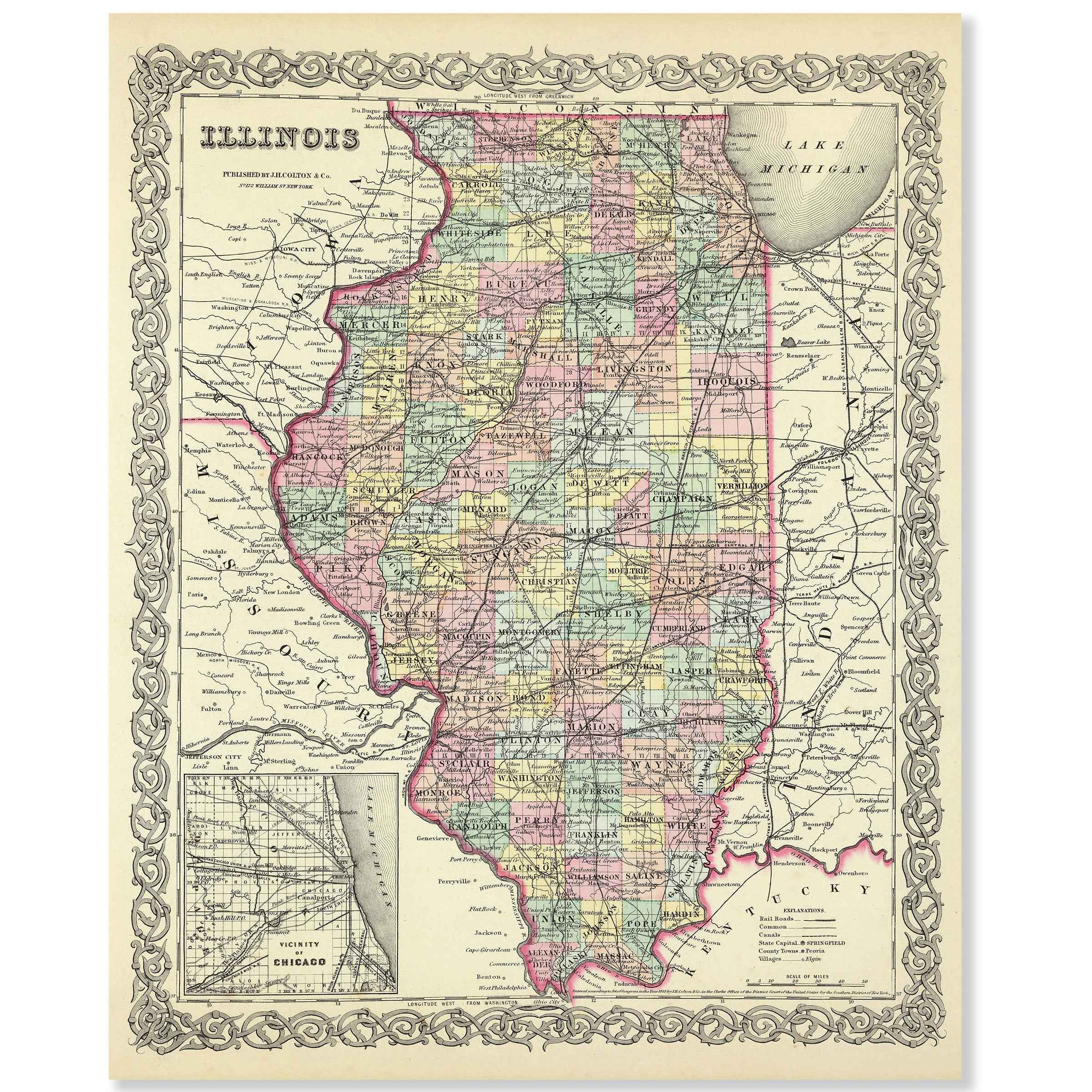 1855 Illinois Map - Vintage Colton State Map for Collectors
