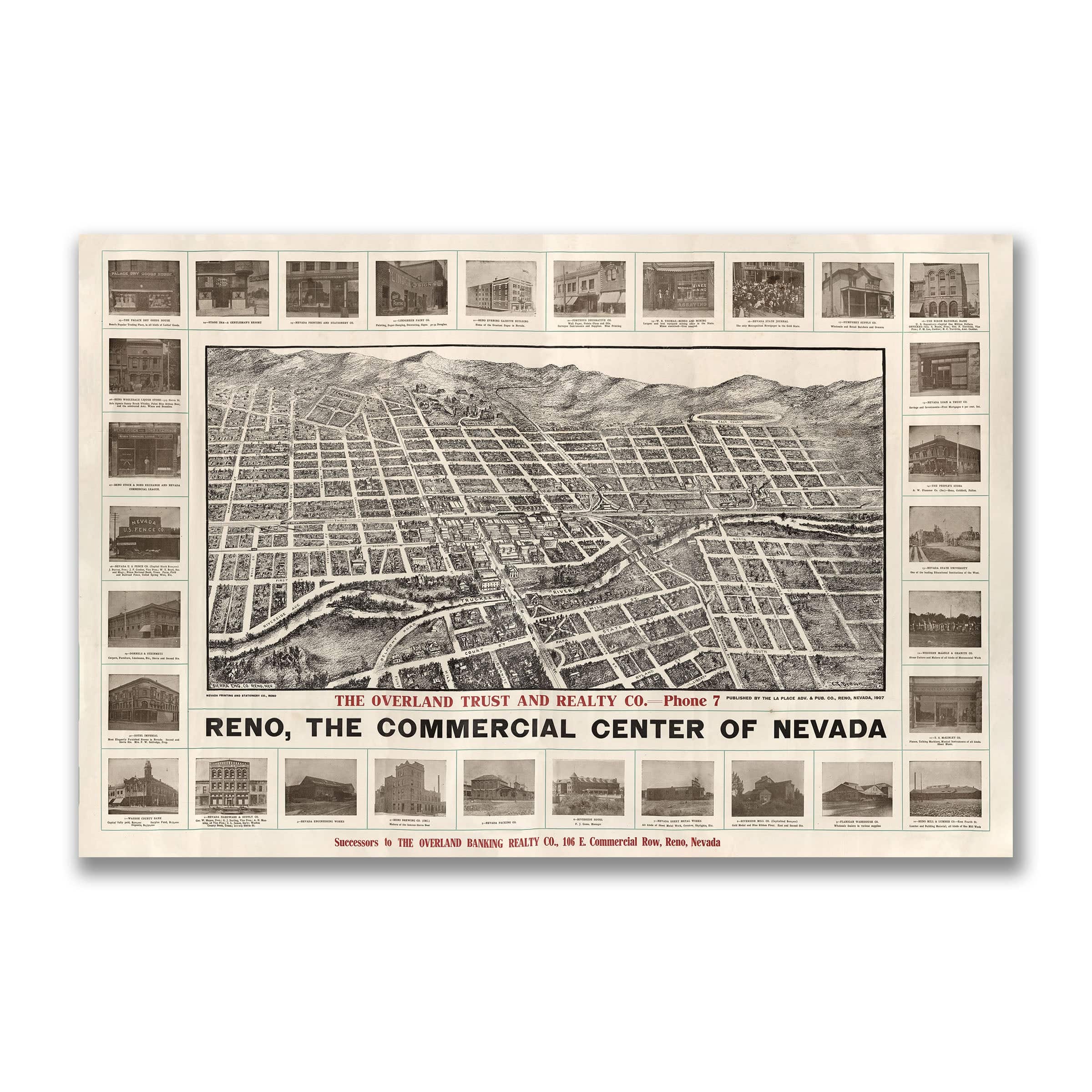 Reno, Nevada Vintage Map 1907 - Bird's Eye View - Archive Prints